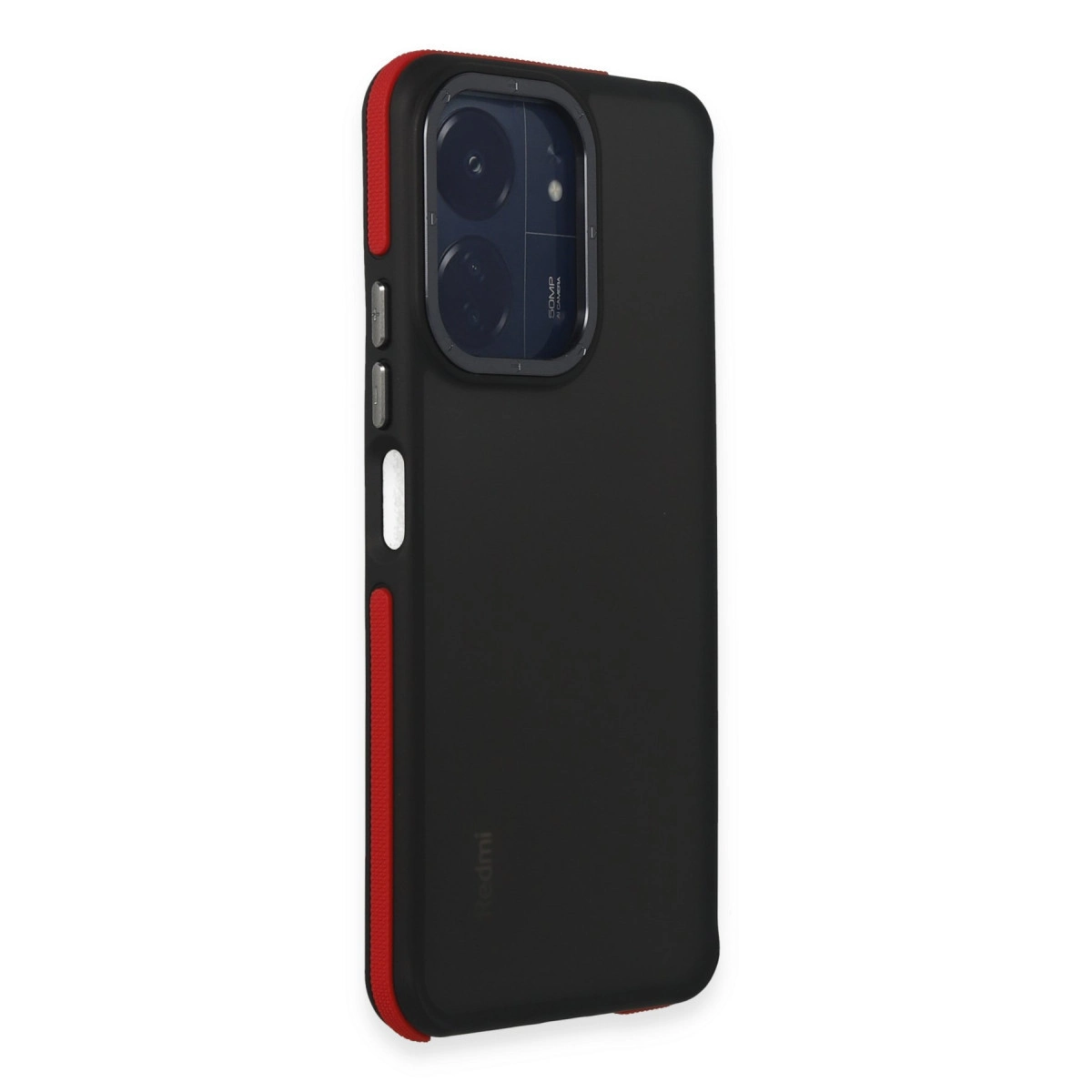 Kırmızı vurgulu siyah telefon kılıfı ve kamera kesiği.