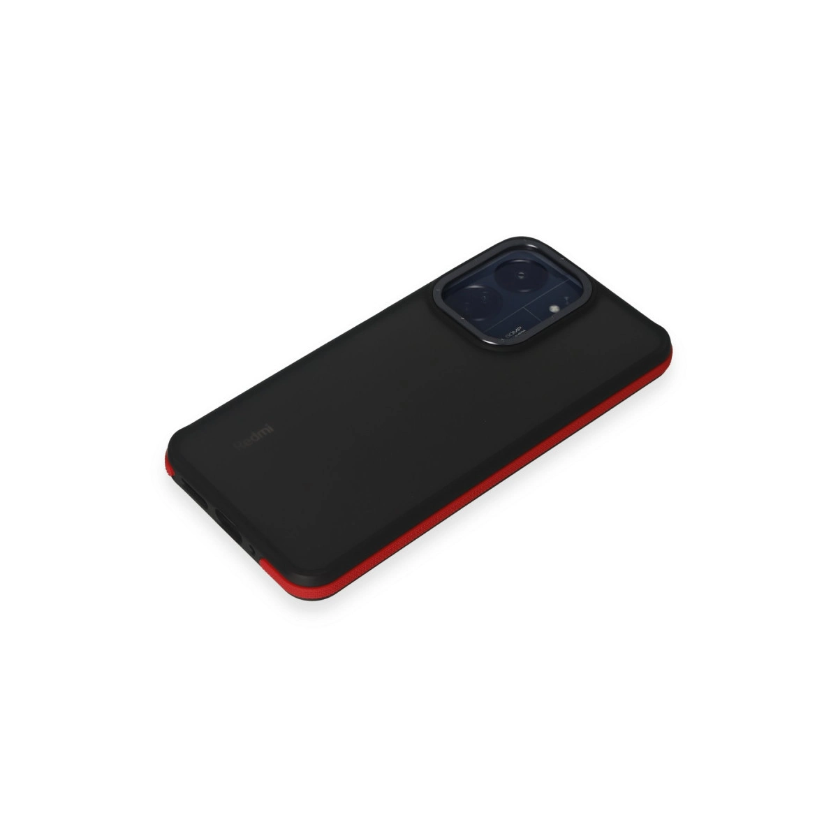 Kırmızı çerçeveli siyah telefon, beyaz arka plan üzerinde kamera modülü.