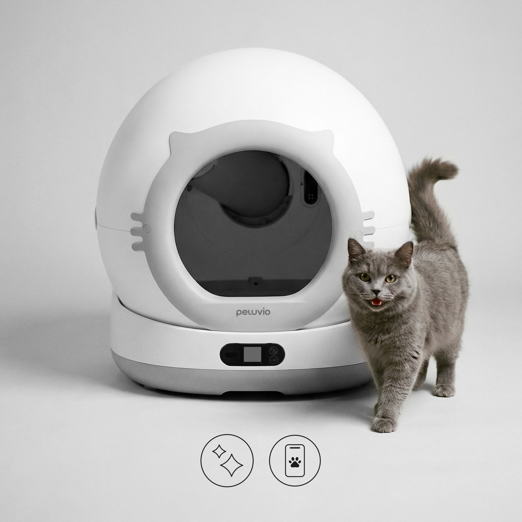 Eine graue Katze steht neben einem weißen, kugelförmigen Katzenklo mit einem Eingang.