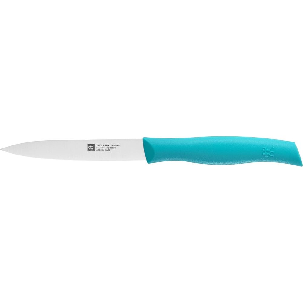 Ein blaugriffes Küchenmesser mit einer polierten Stahlklinge und dem ZWILLING-Logo.