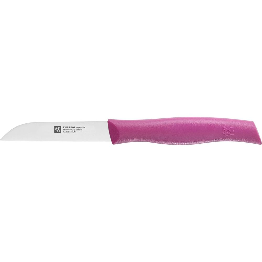 Ein Zwilling Twin Grip Schälmesser mit weißer Klinge und rosa Griff.