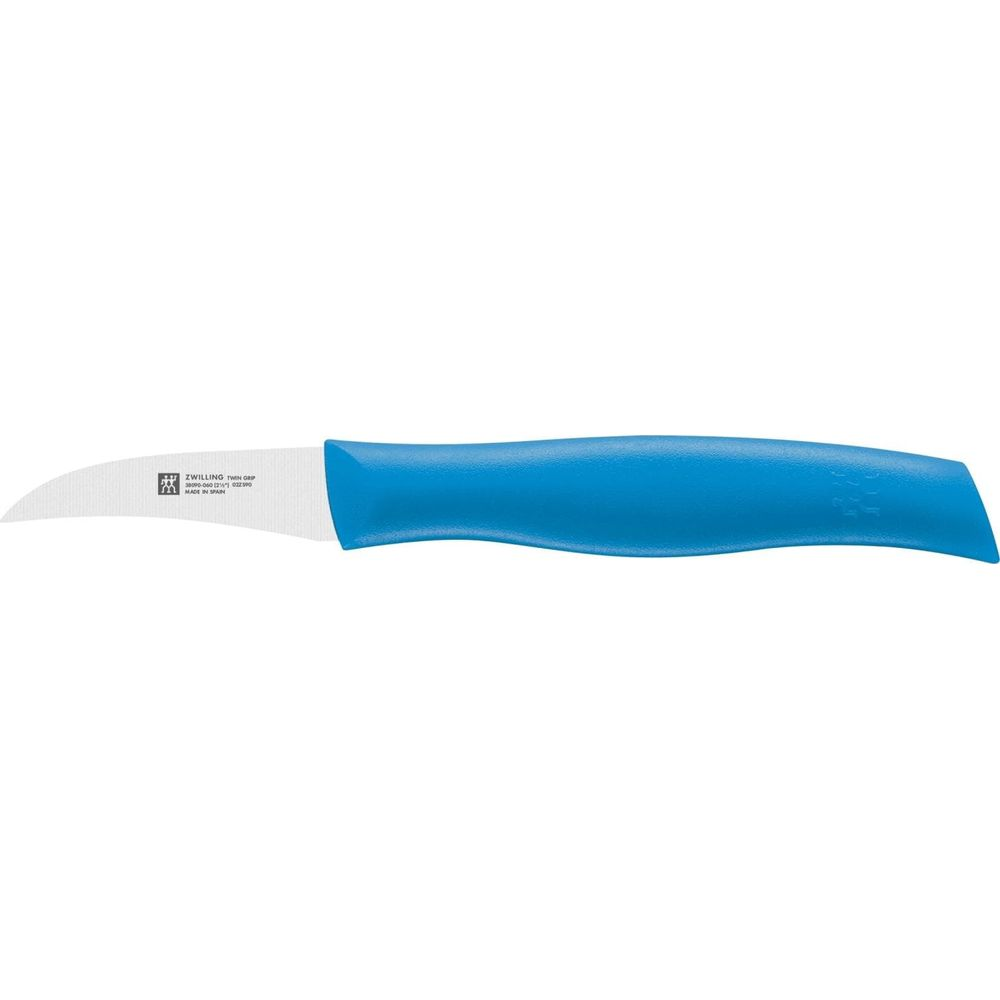 Ein blauer Schälmesser mit einer gekrümmten Klinge. Marke ZWILLING.