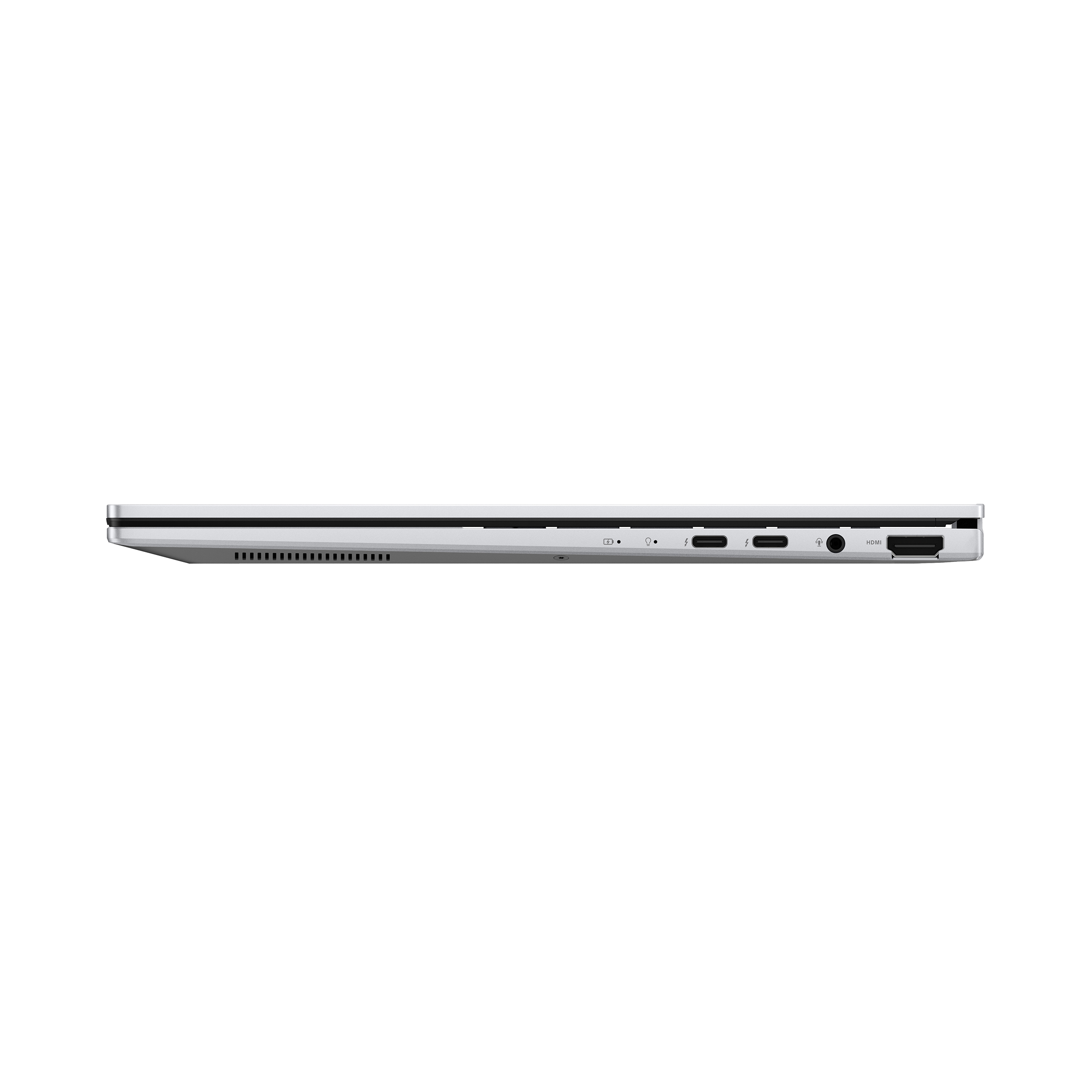 Yan taraftan gümüş renkli dizüstü bilgisayar, USB-C, kulaklık jakı ve HDMI.