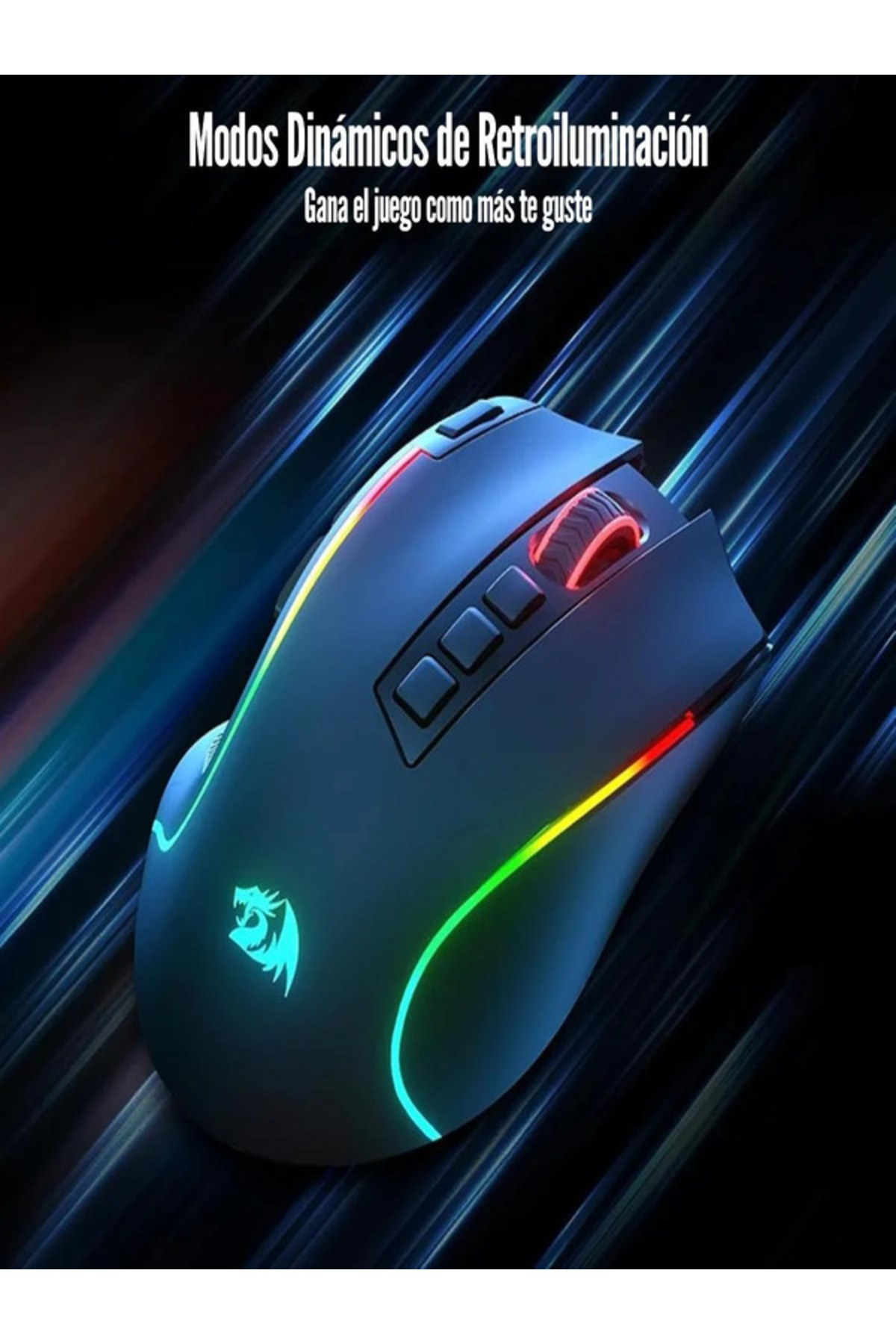 Un mouse da gaming nero con illuminazione RGB e logo drago.