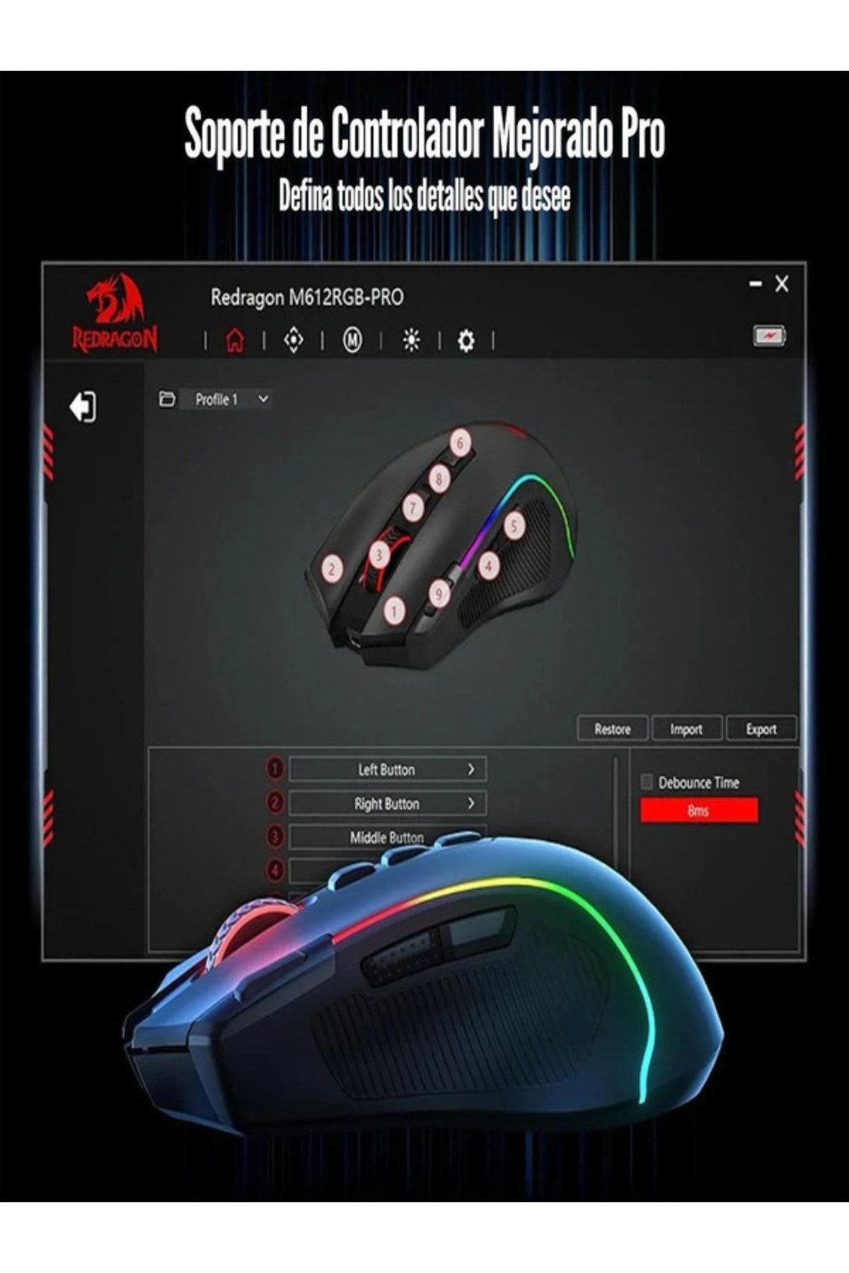 Mouse gaming nero con illuminazione RGB mostrato con la sua interfaccia software.