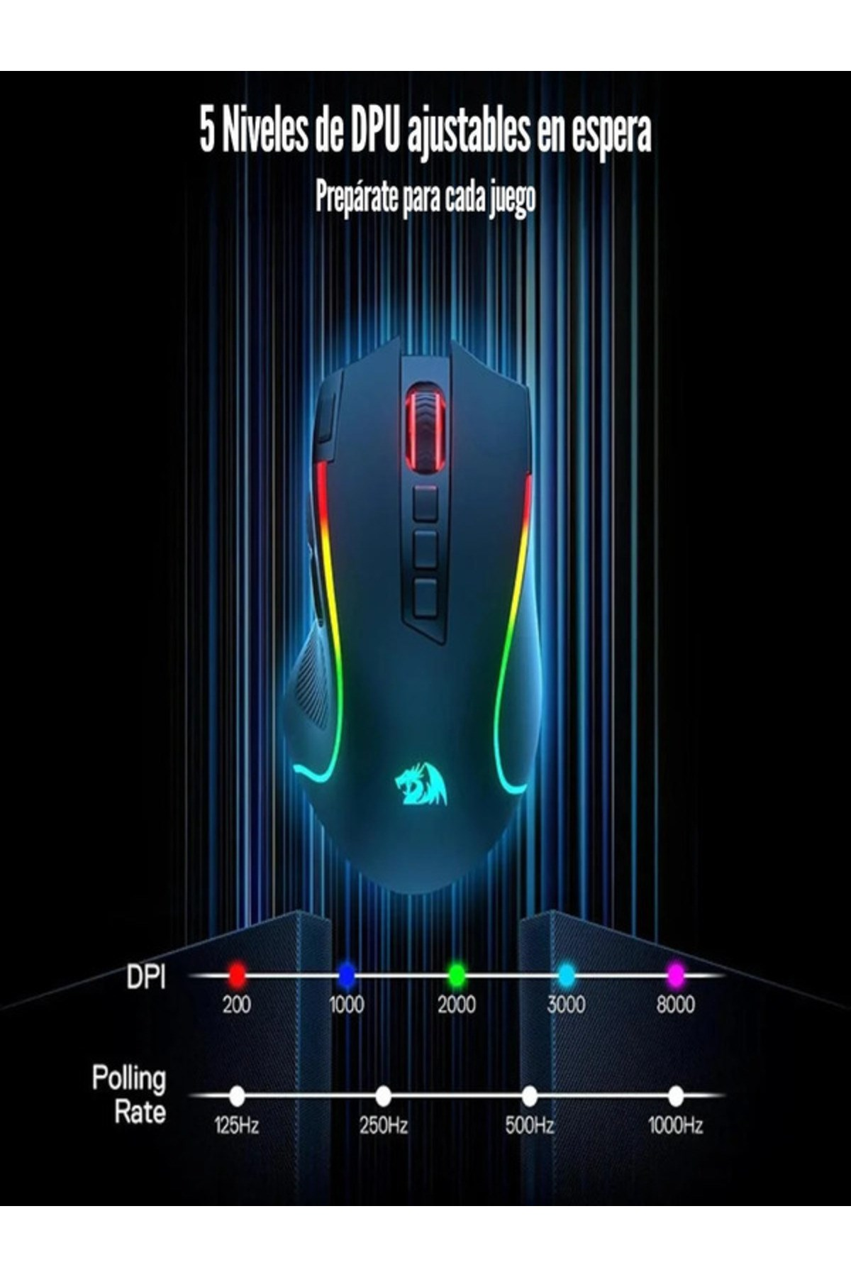 Un mouse da gaming nero con illuminazione RGB e indicatori DPI/polling rate.