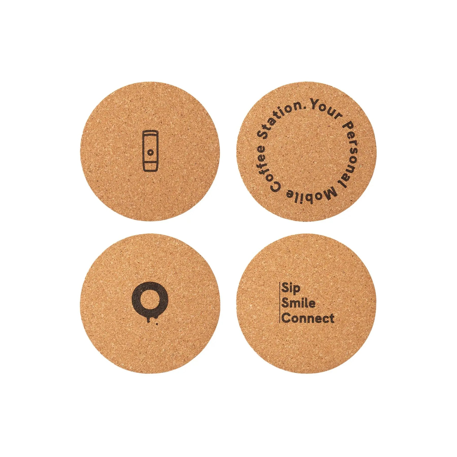 Cuatro posavasos redondos de corcho con varios diseños, incluido un icono de teléfono y texto.
