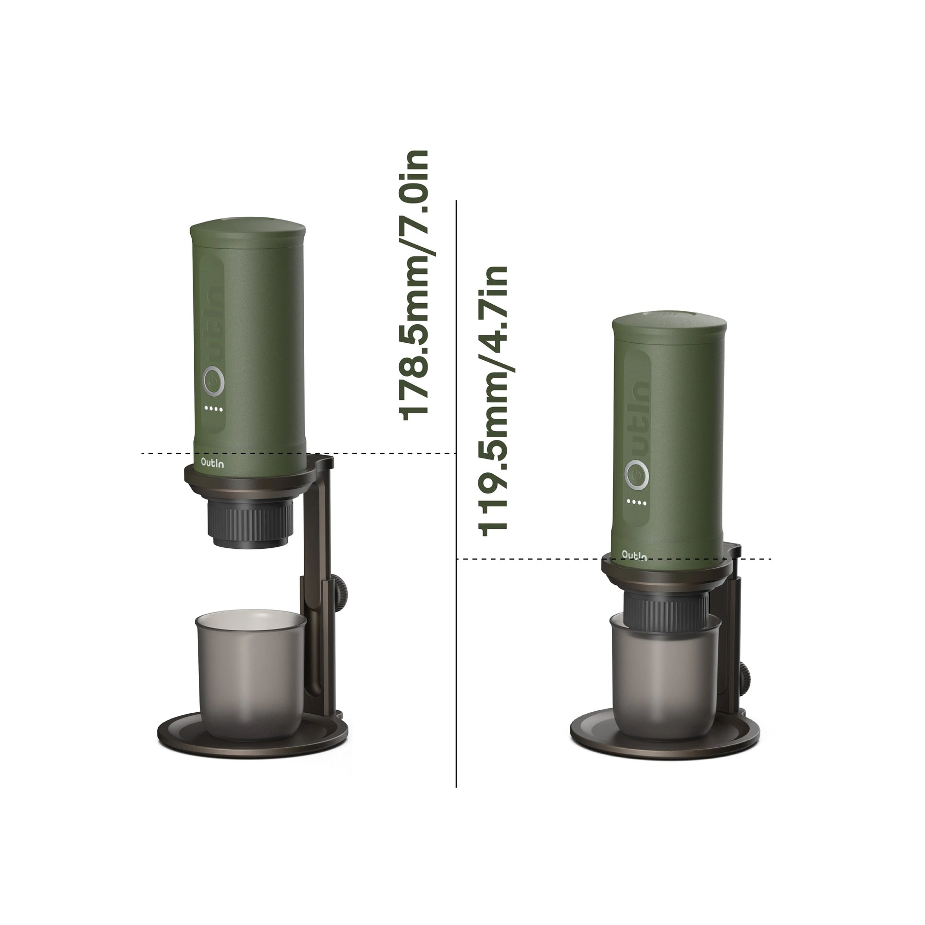 Cafetera verde con taza y platillo. Se muestran las dimensiones.