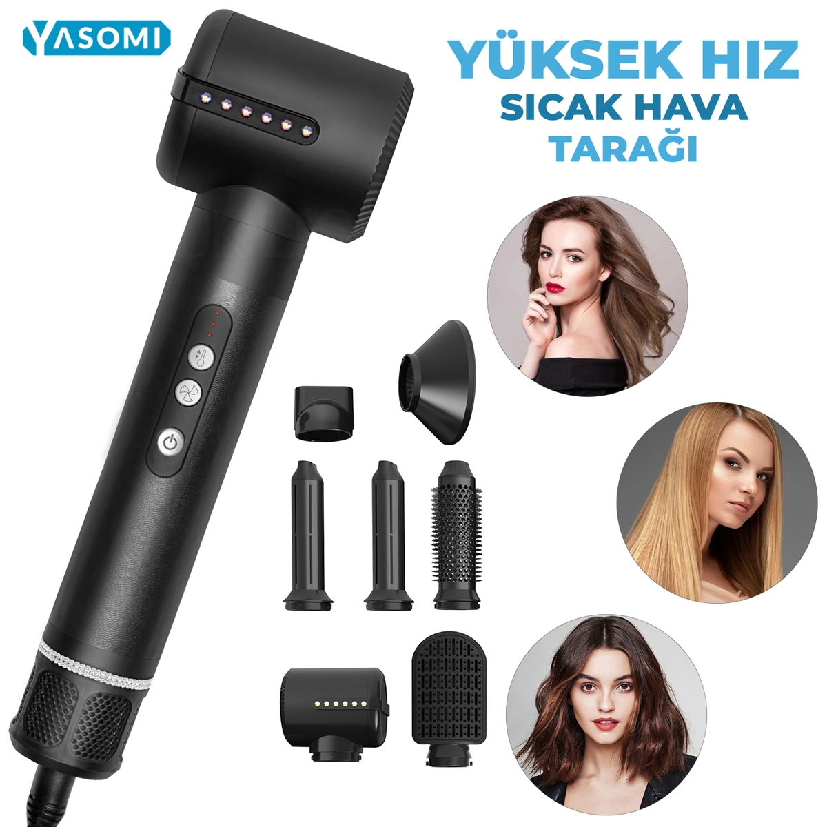 YASOMI S1 Pro 7 In 1 110.000 Rpm Motor Gücü 3 Kademe Saç Saç Şekillendirici Siyah