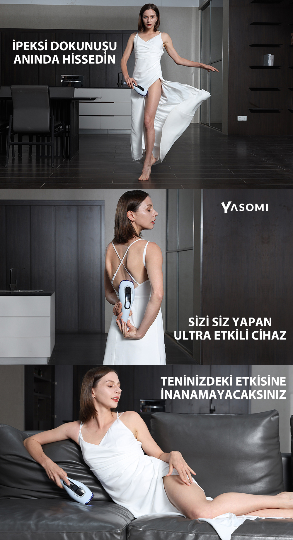 Beyaz elbiseli kadın modern dairede IPL cihazı tutuyor.