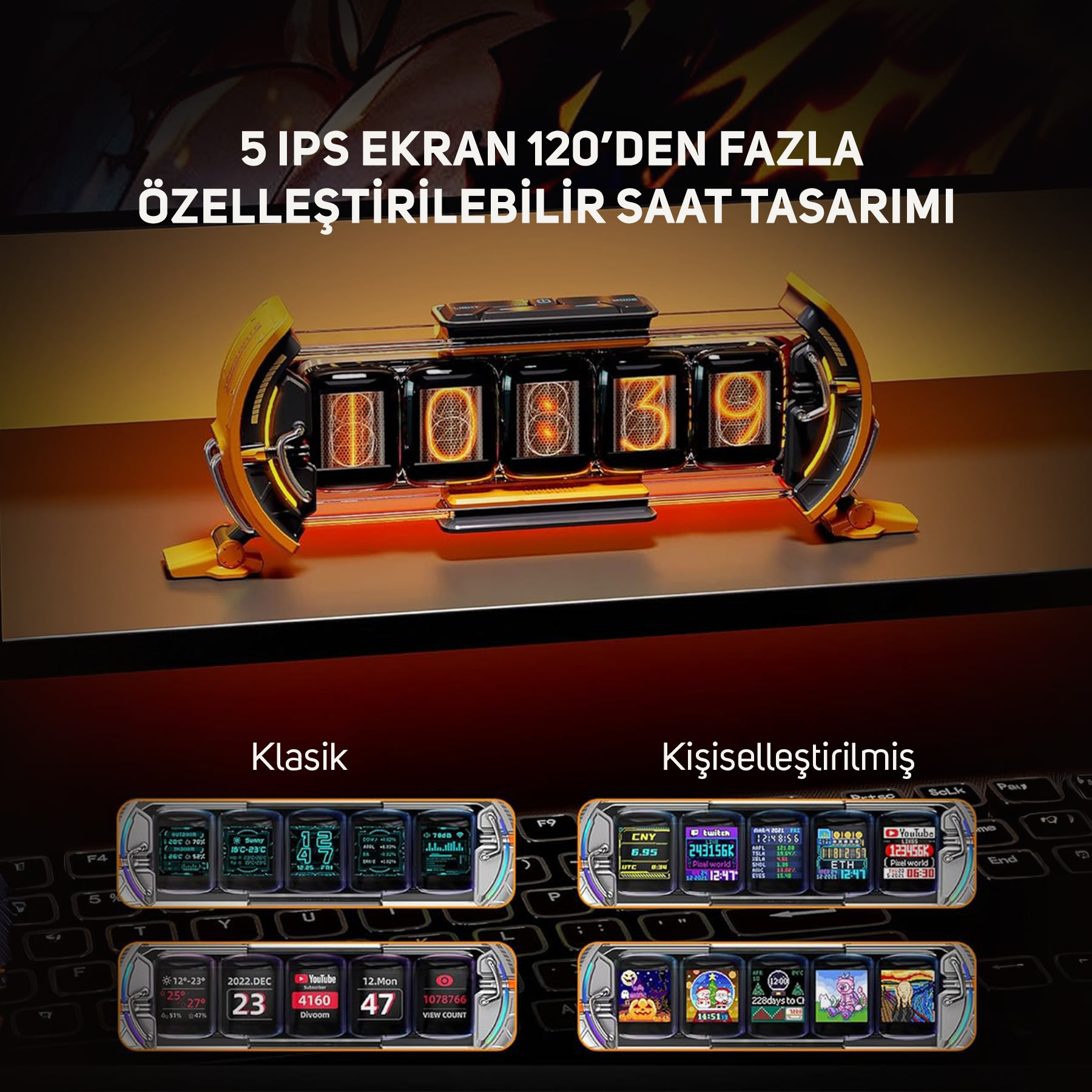 Beş parlak turuncu rakama sahip fütüristik dijital saat. Altında dört ayrı ekran gösteriliyor.