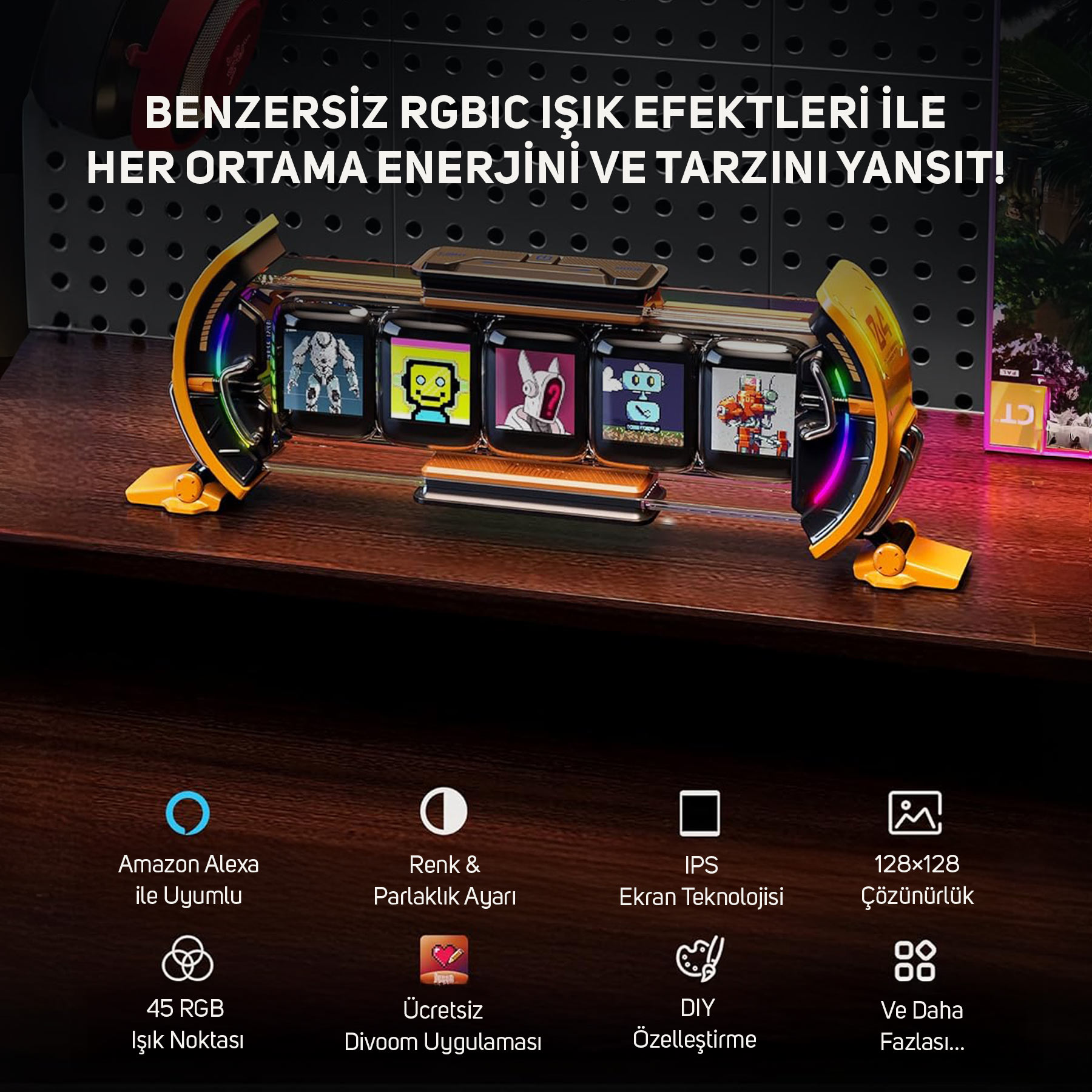 Robotları gösteren küçük ekranları ve RGBIC ışık efektleri olan bir cihaz.