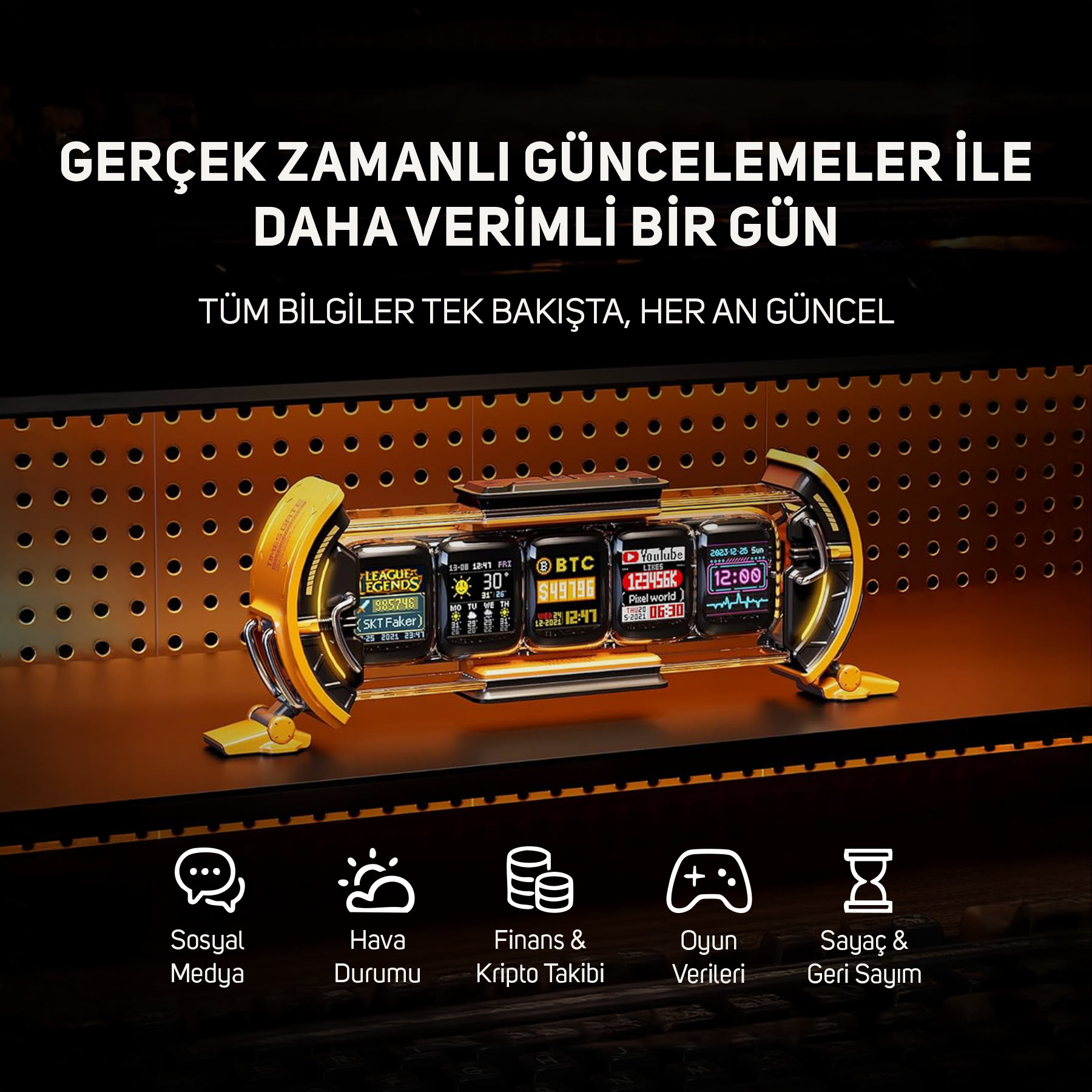 5 ekranlı cihaz oyun, hava durumu, kripto, YouTube, zaman bilgileri gösteriyor.