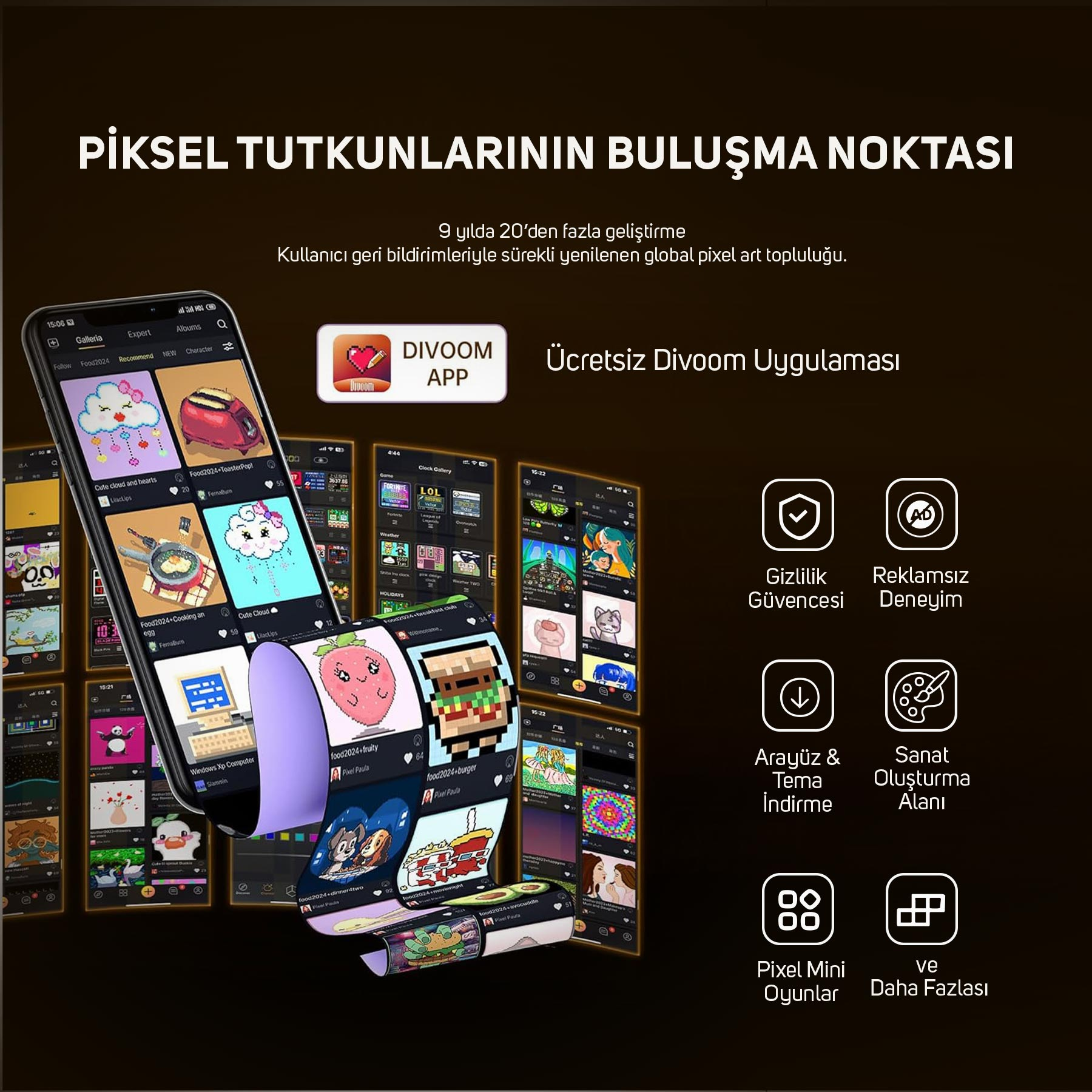 Gizlilik, reklamlar ve daha fazlası için çeşitli tasarımlar ve simgeler gösteren piksel sanat uygulama arayüzü.