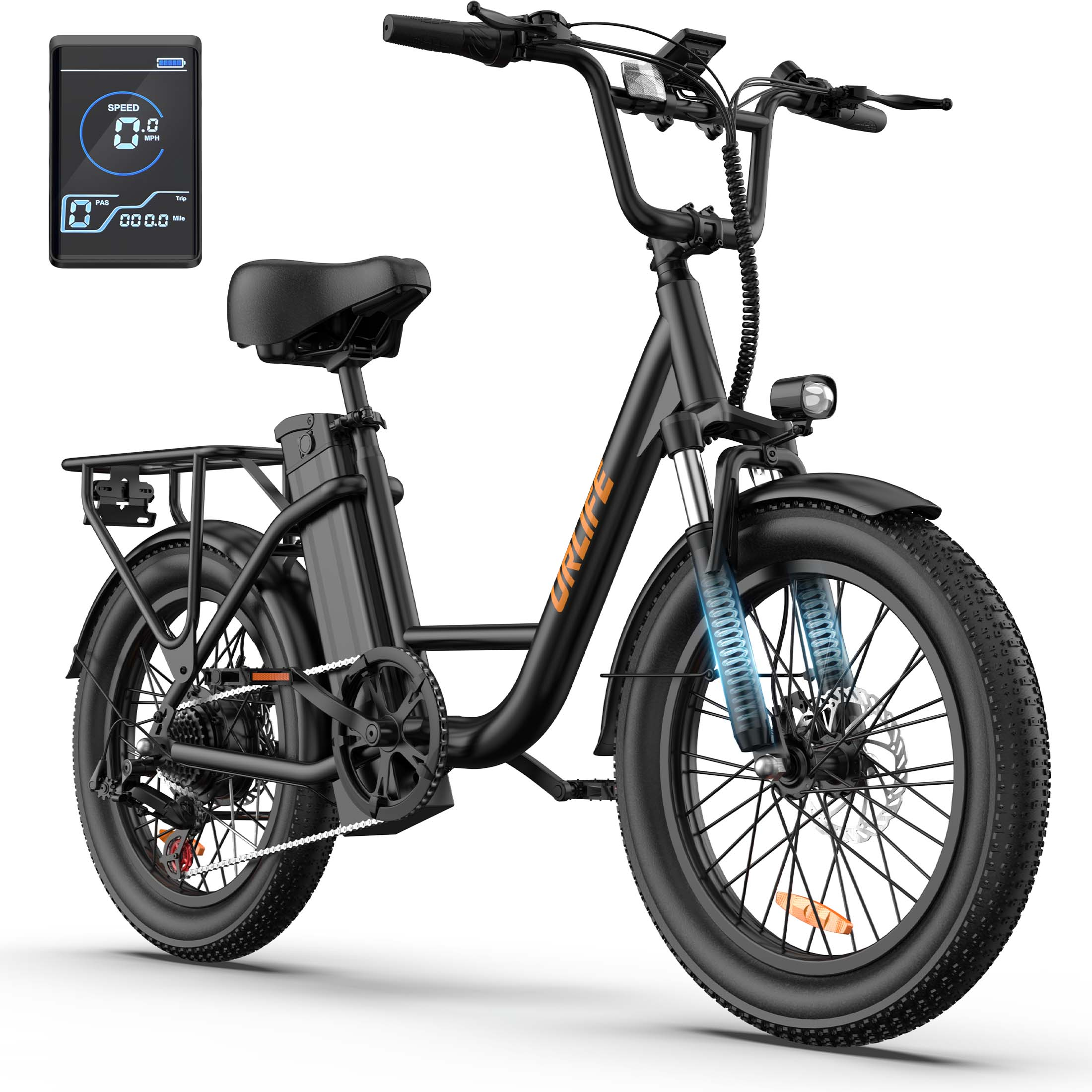 Czarny rower elektryczny typu fatbike z bagażnikiem, wyświetlaczem, amortyzacją.