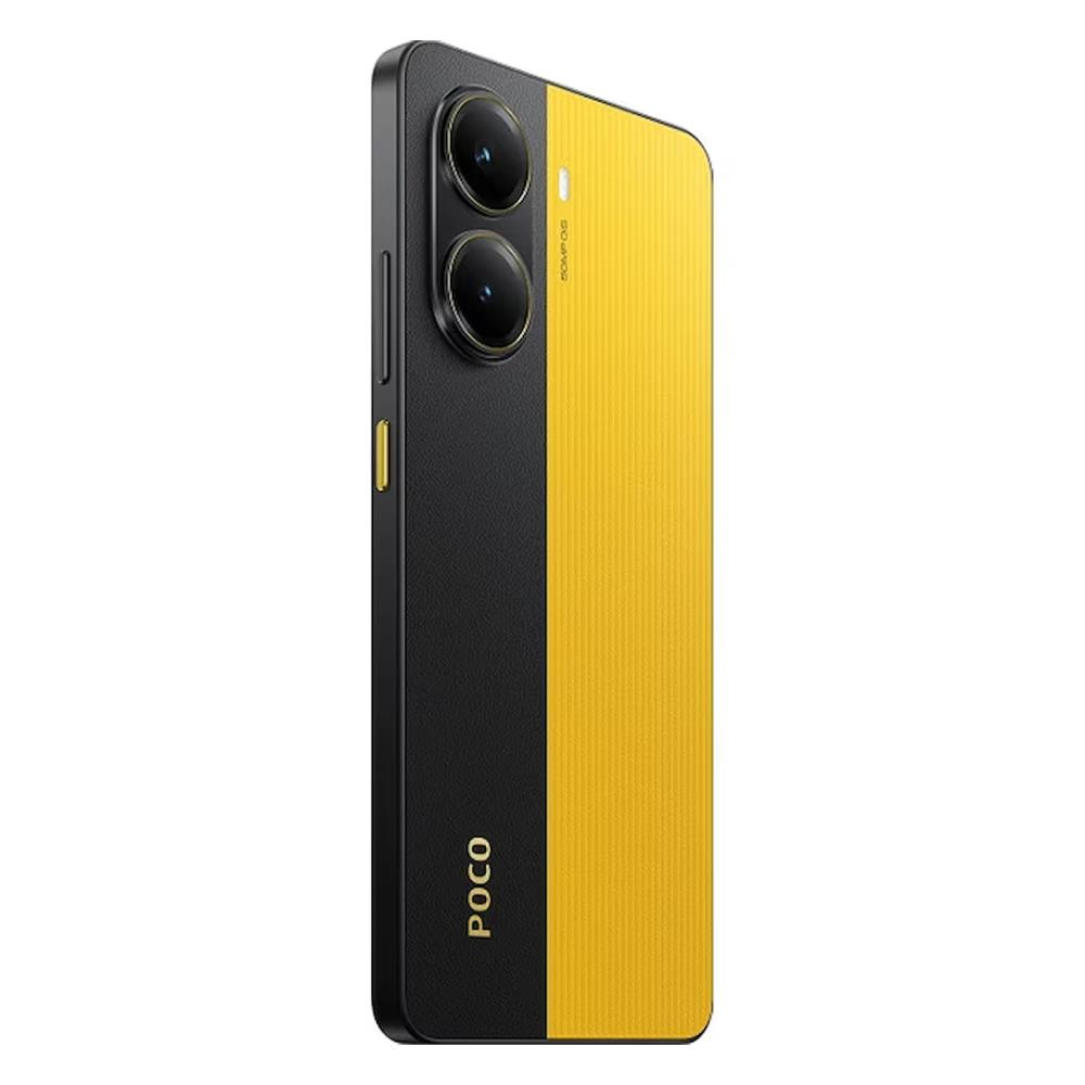 Siyah ve sarı ikiye bölünmüş tasarıma sahip, arkada iki kamerası olan telefon.