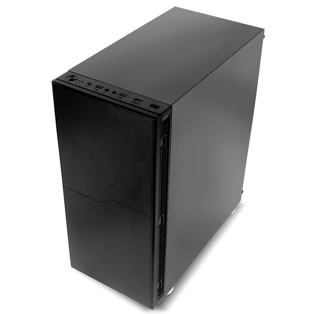 Una torre de ordenador negra con puertos USB y botones en el panel superior.