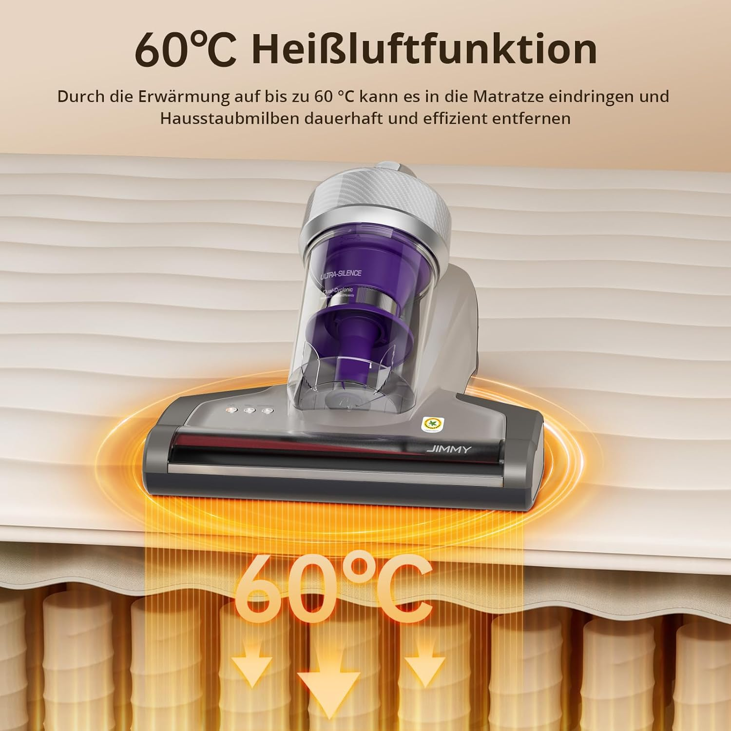 Ein Staubsauger mit violetter Staubkammer erwärmt eine Matratze auf 60°C.
