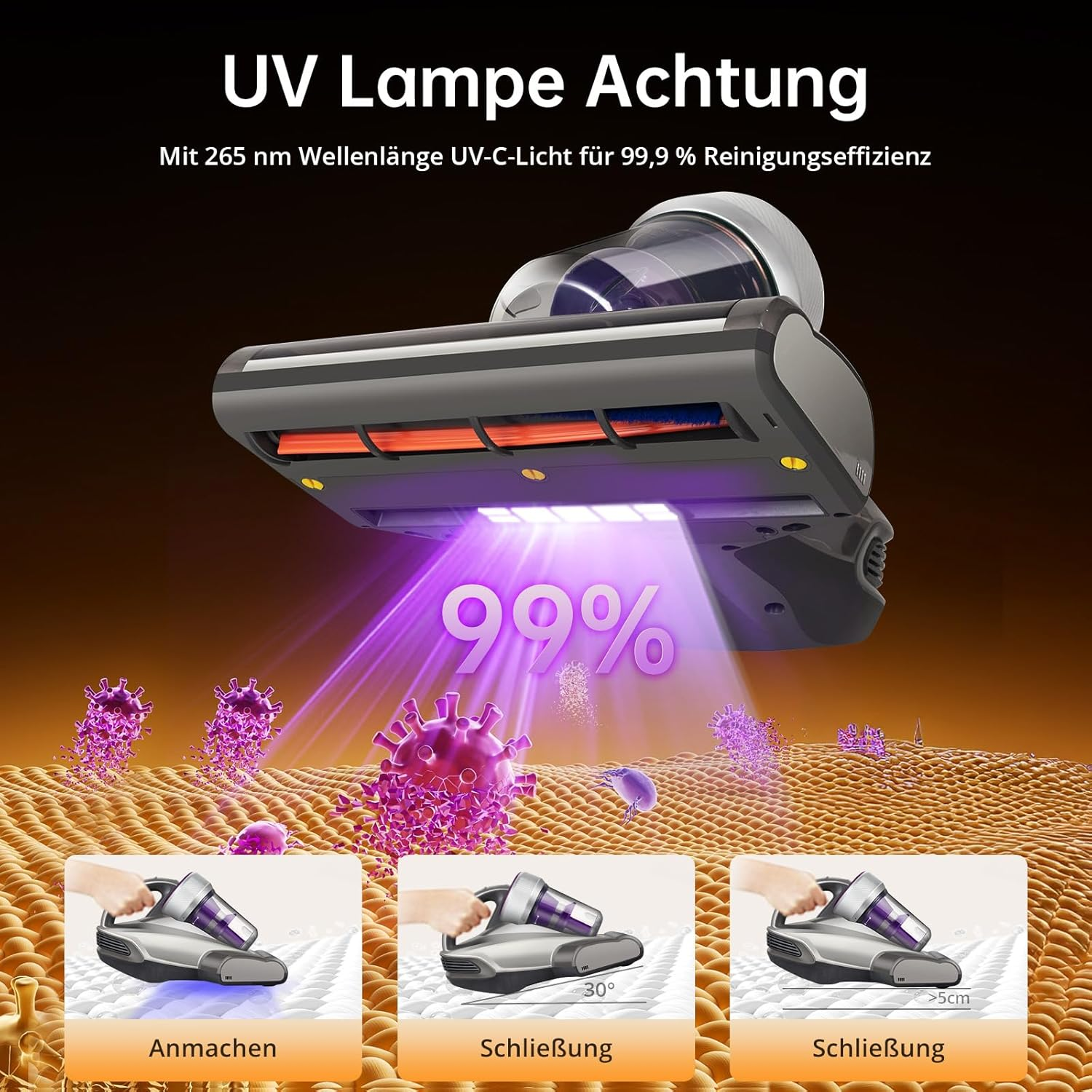 UV-Lampe tötet 99,9% der Keime auf Oberflächen ab. Zeigt Anmachen, 30° und <gt/>5cm Schließung.