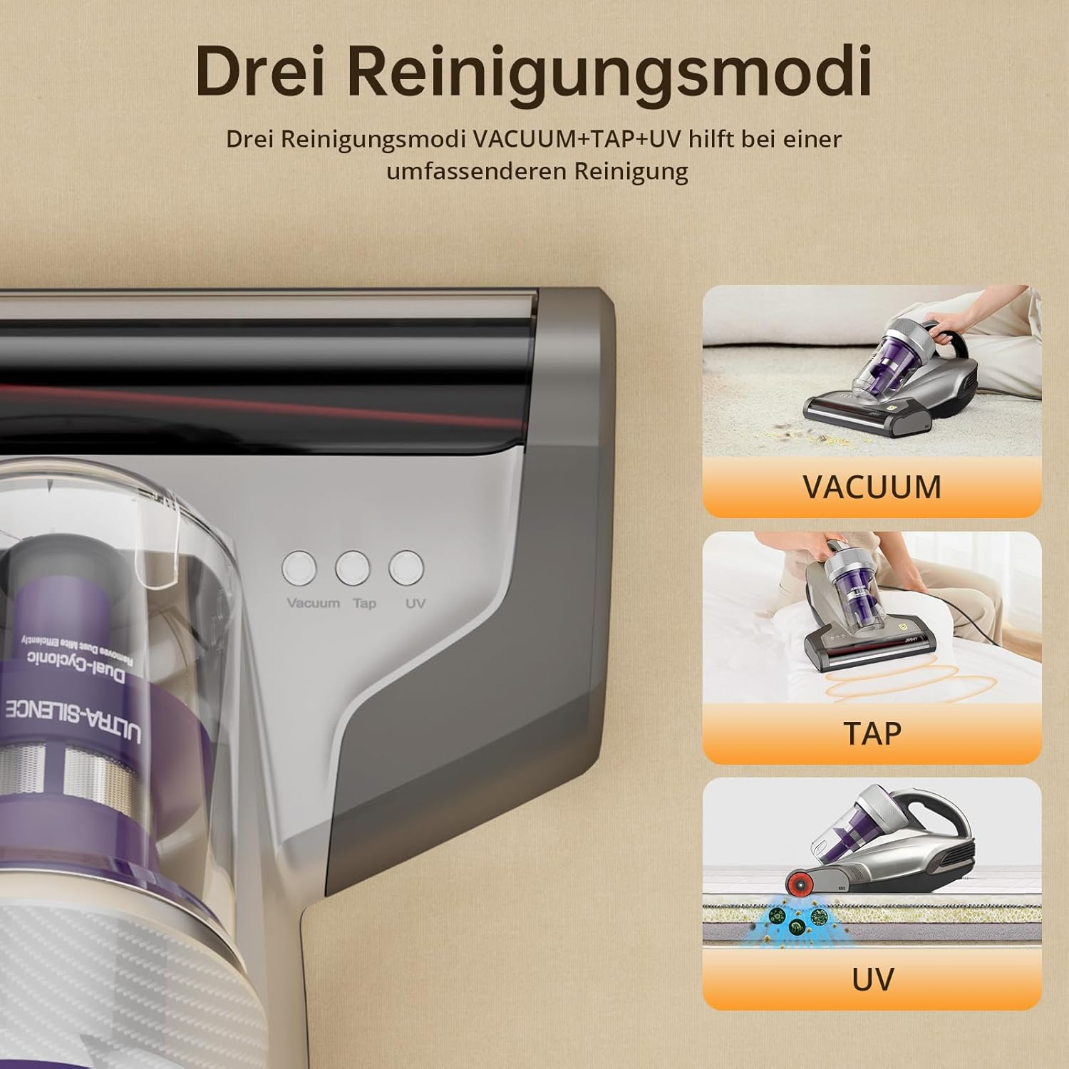 Ein Staubsauger mit drei Reinigungsmodi: Vakuum, Klopfen und UV-Licht.
