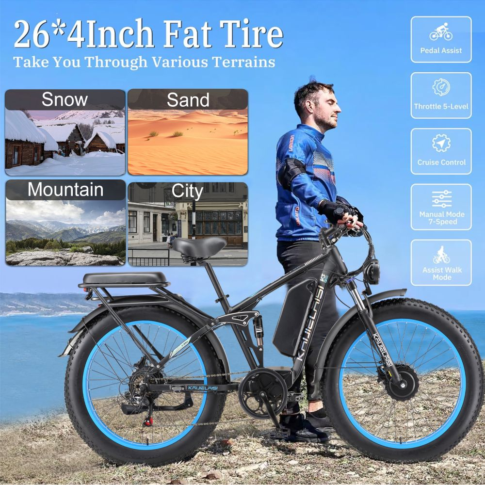 Hombre con bicicleta eléctrica de llantas anchas, apta para diversos terrenos.