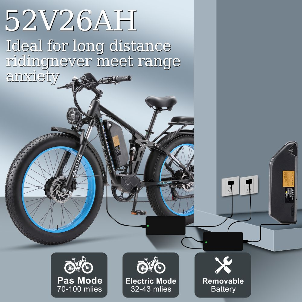 Bicicleta eléctrica negra con llantas azules, cargador y batería extraíble.