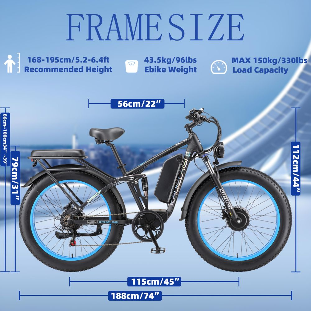 Una bicicleta eléctrica negra con llantas azules, dimensiones y especificaciones.