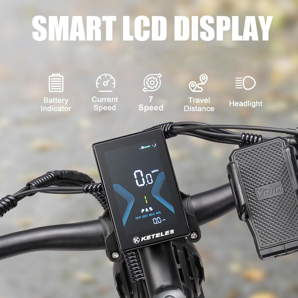 Manillar de e-bike con pantalla LCD SMART mostrando velocidad, batería y distancia.