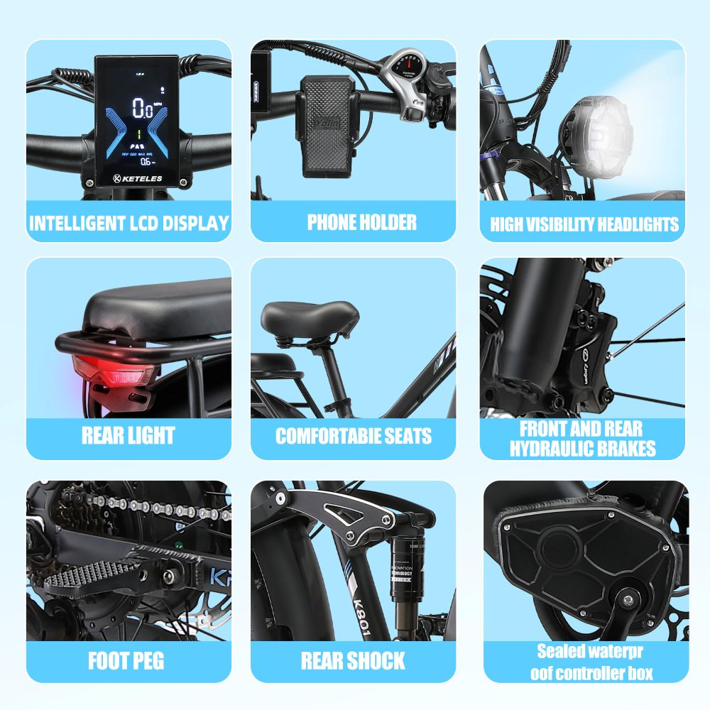 Collage de componentes de e-bike: pantalla, soporte, luces, frenos.