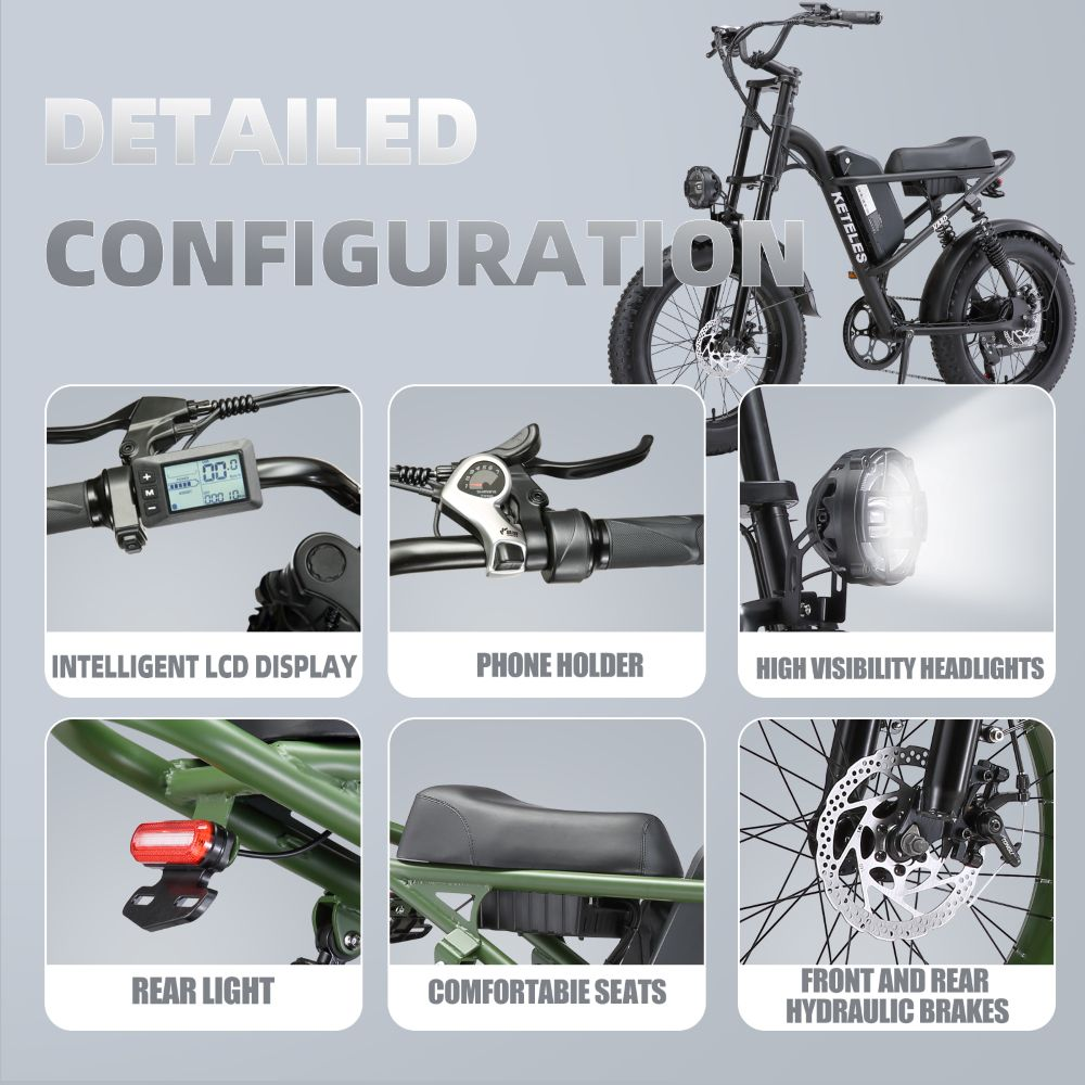 Dettagli e-bike: display LCD, manopola, fari, fanale posteriore, sella, freni.