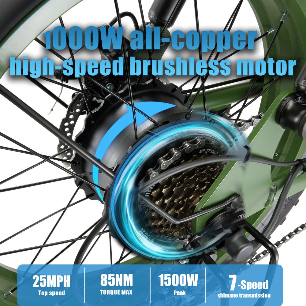 Primo piano di un motore per bicicletta con specifiche: 1000W, 25MPH, 85NM, 1500W, 7 velocità.