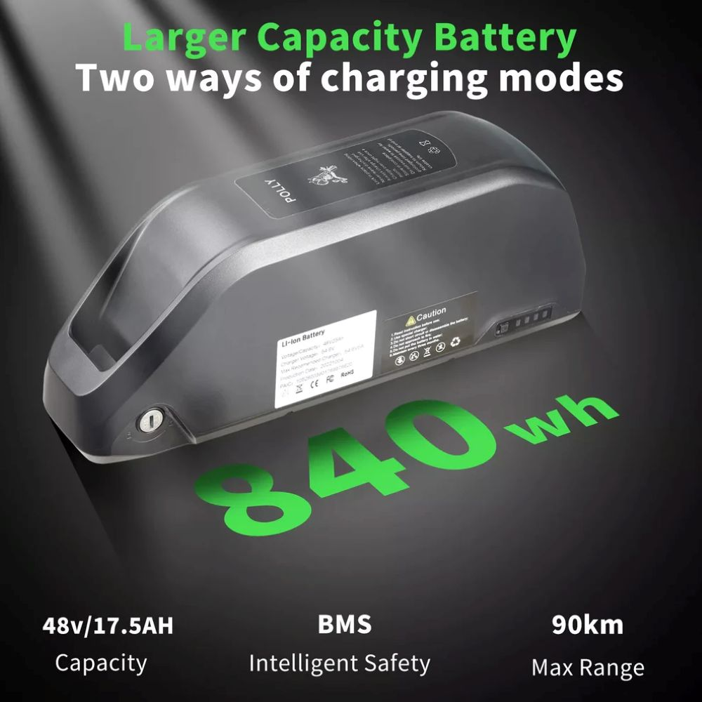 Batteria grigia da 840 Wh, 48V/17.5AH, BMS, autonomia 90km.