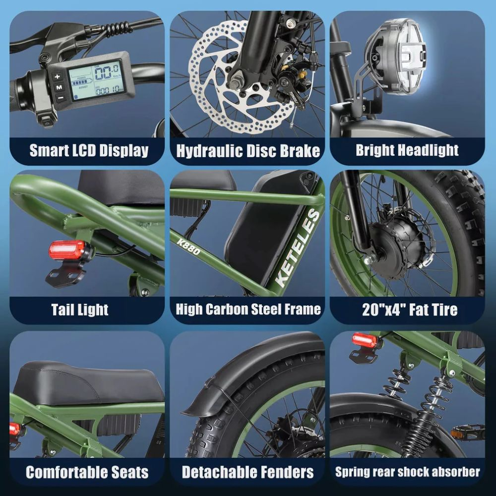 Panoramica componenti e-bike: display, freno, luce, telaio, pneumatici, sedile.