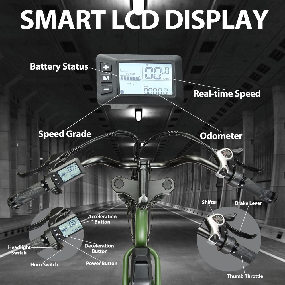 Primo piano del manubrio di una e-bike con DISPLAY LCD SMART.