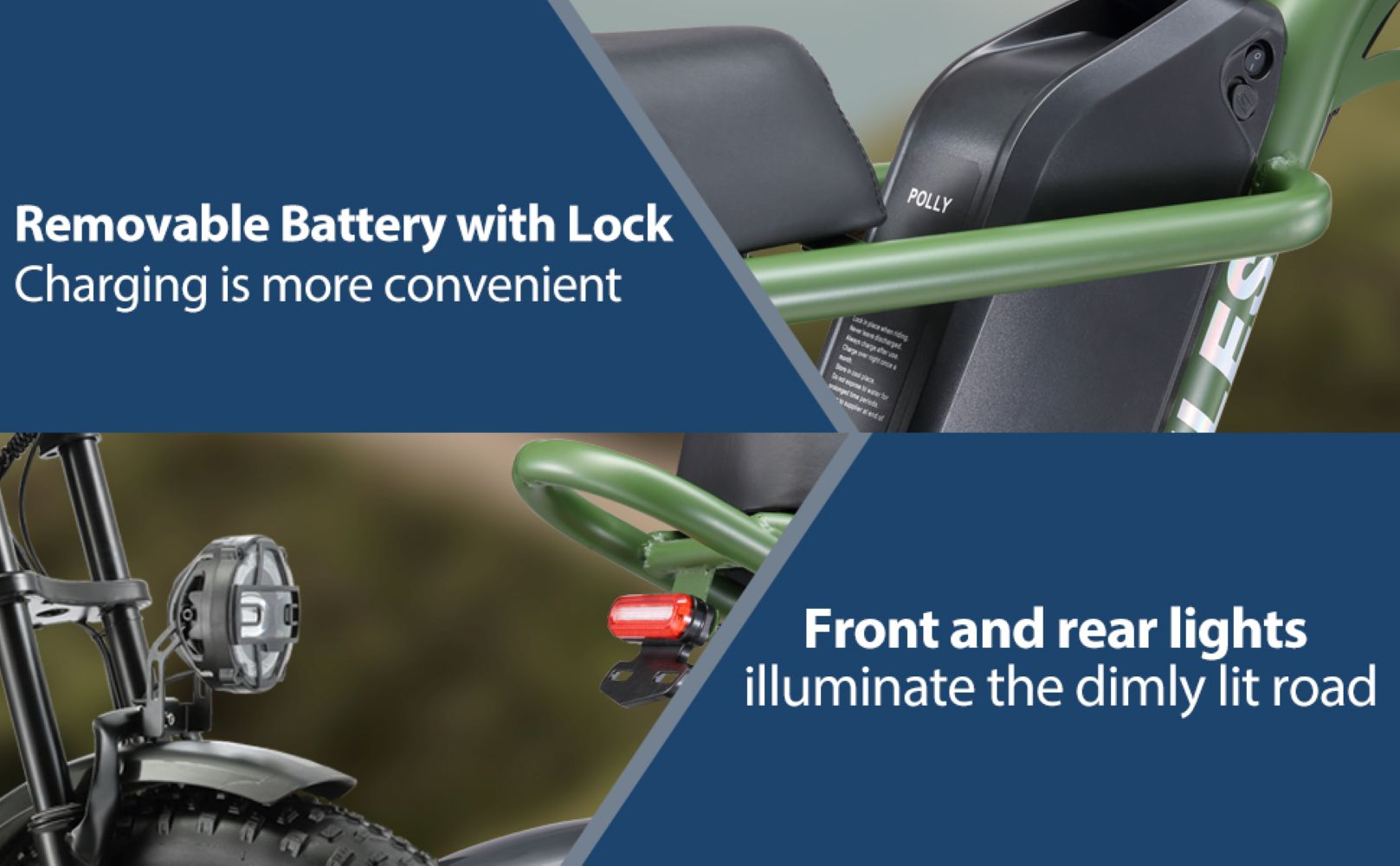 E-bike verde con batteria rimovibile e luci.