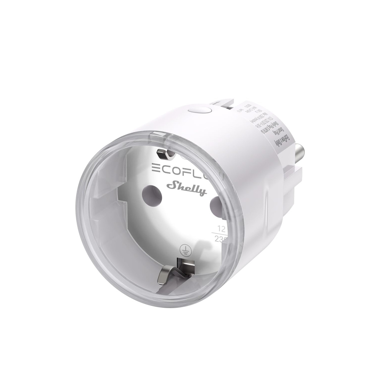 A white smart plug with 'Ecoflow x Shelly' branding.