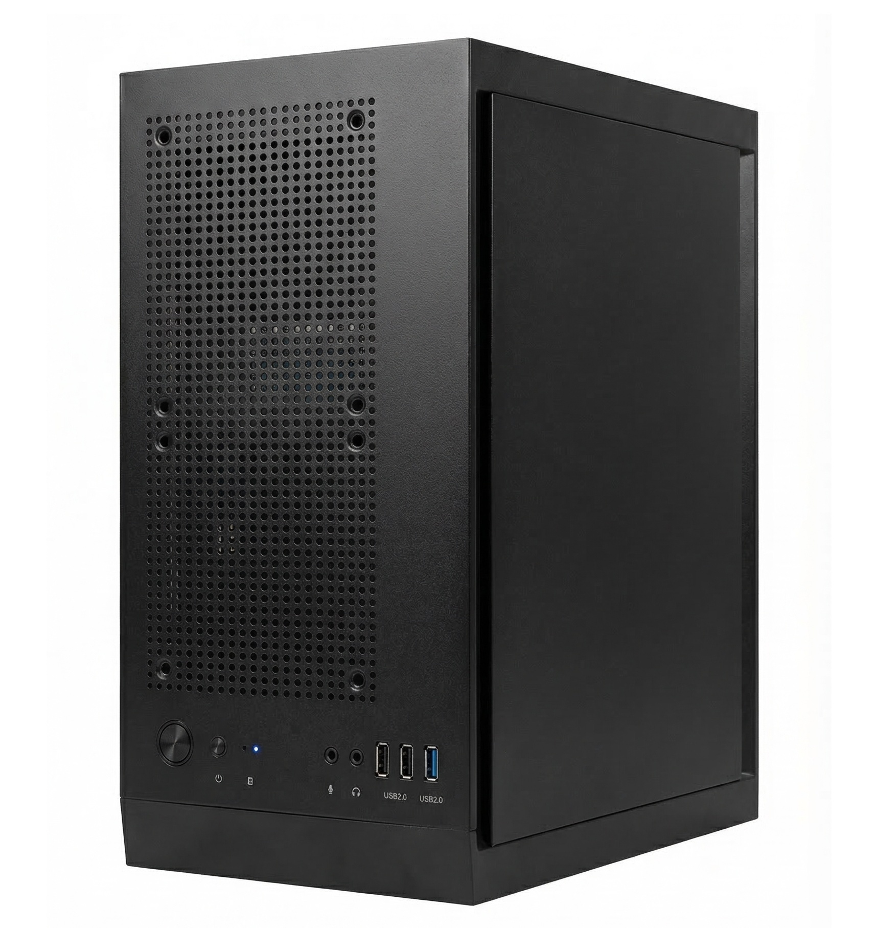 Caja de ordenador negra con panel frontal ventilado y puertos.