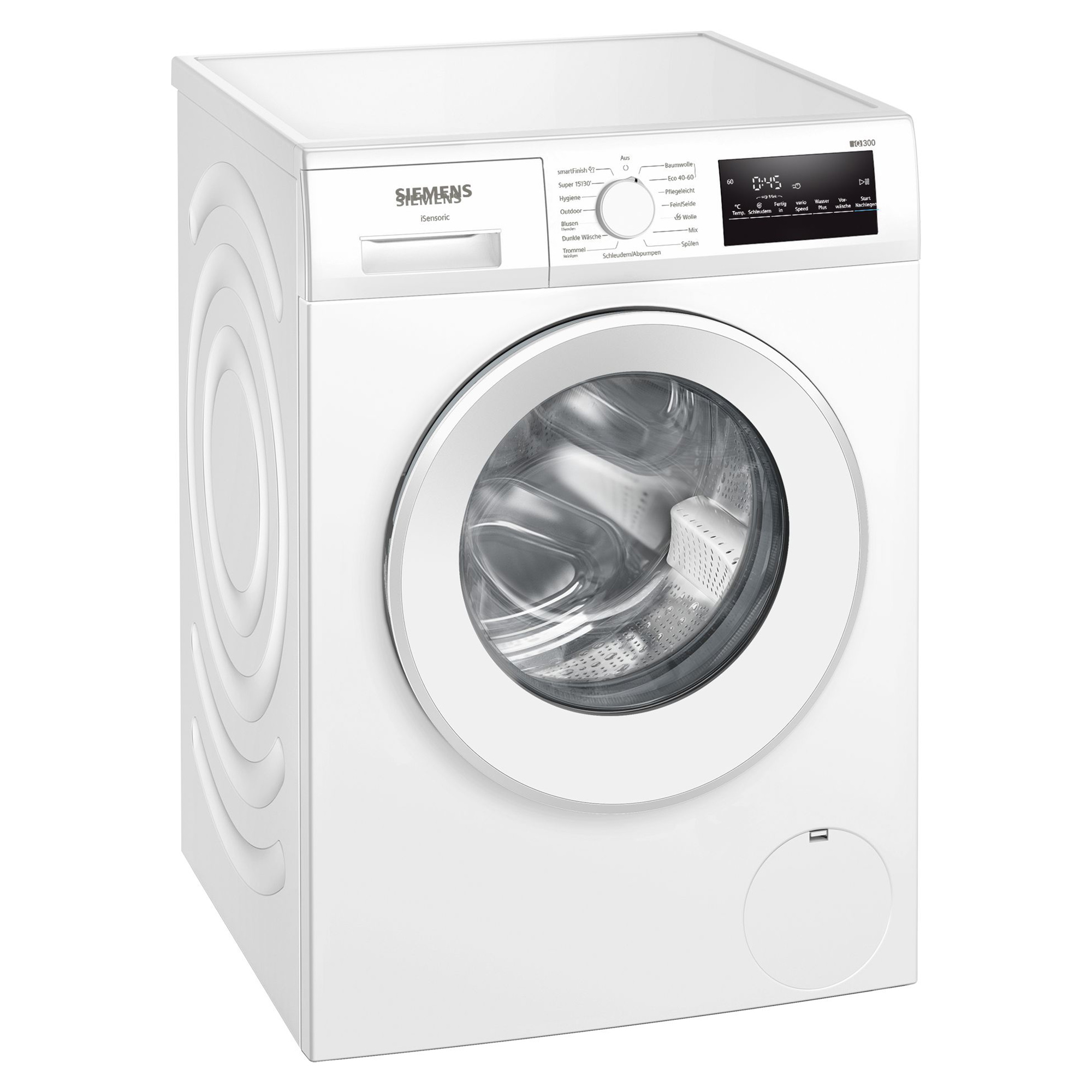 Eine weiße Siemens Waschmaschine mit einem digitalen Display und einer runden Tür.