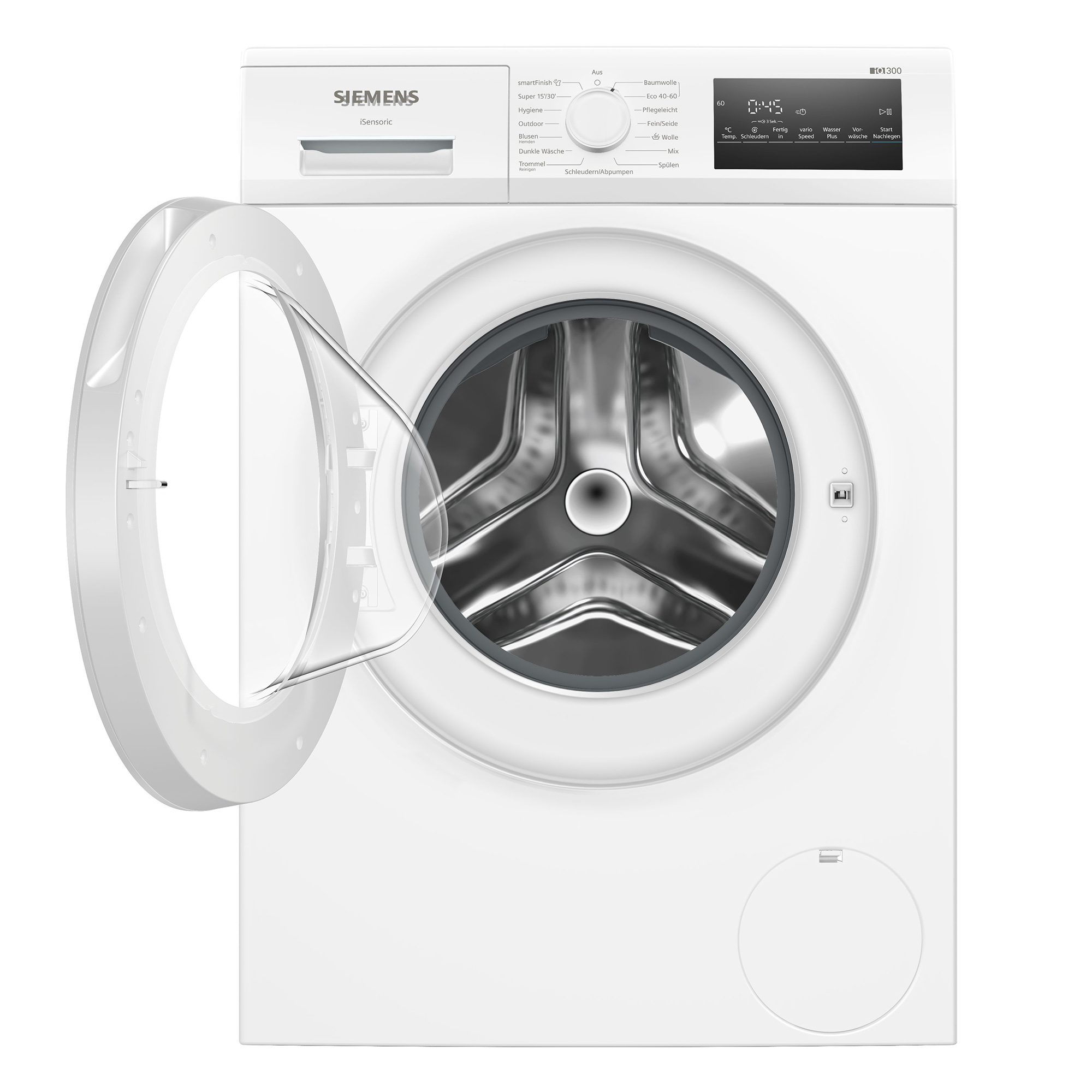 Weiße Siemens Waschmaschine mit geöffneter Tür und Trommel.