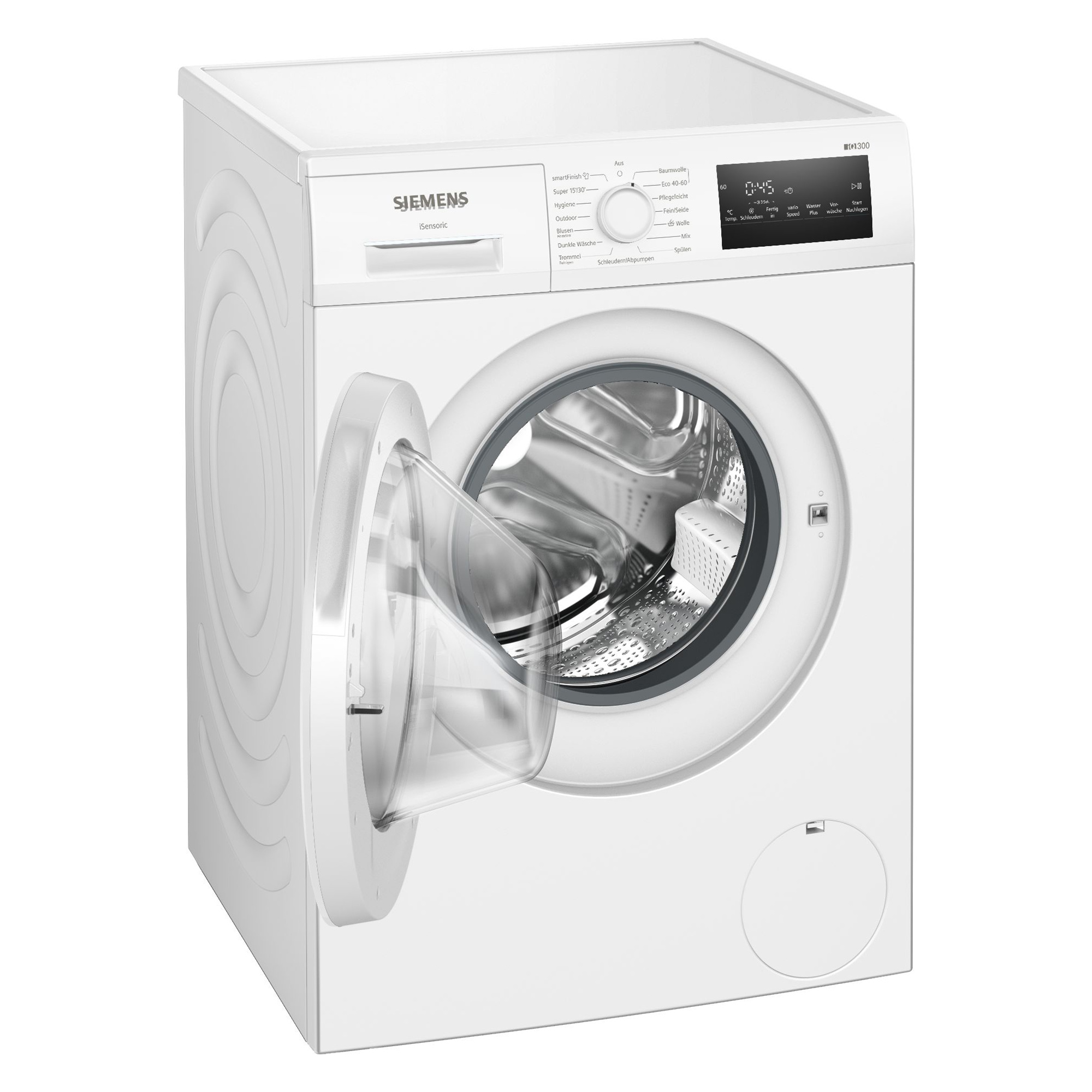Weiße Siemens Waschmaschine mit geöffneter Tür und digitaler Anzeige.