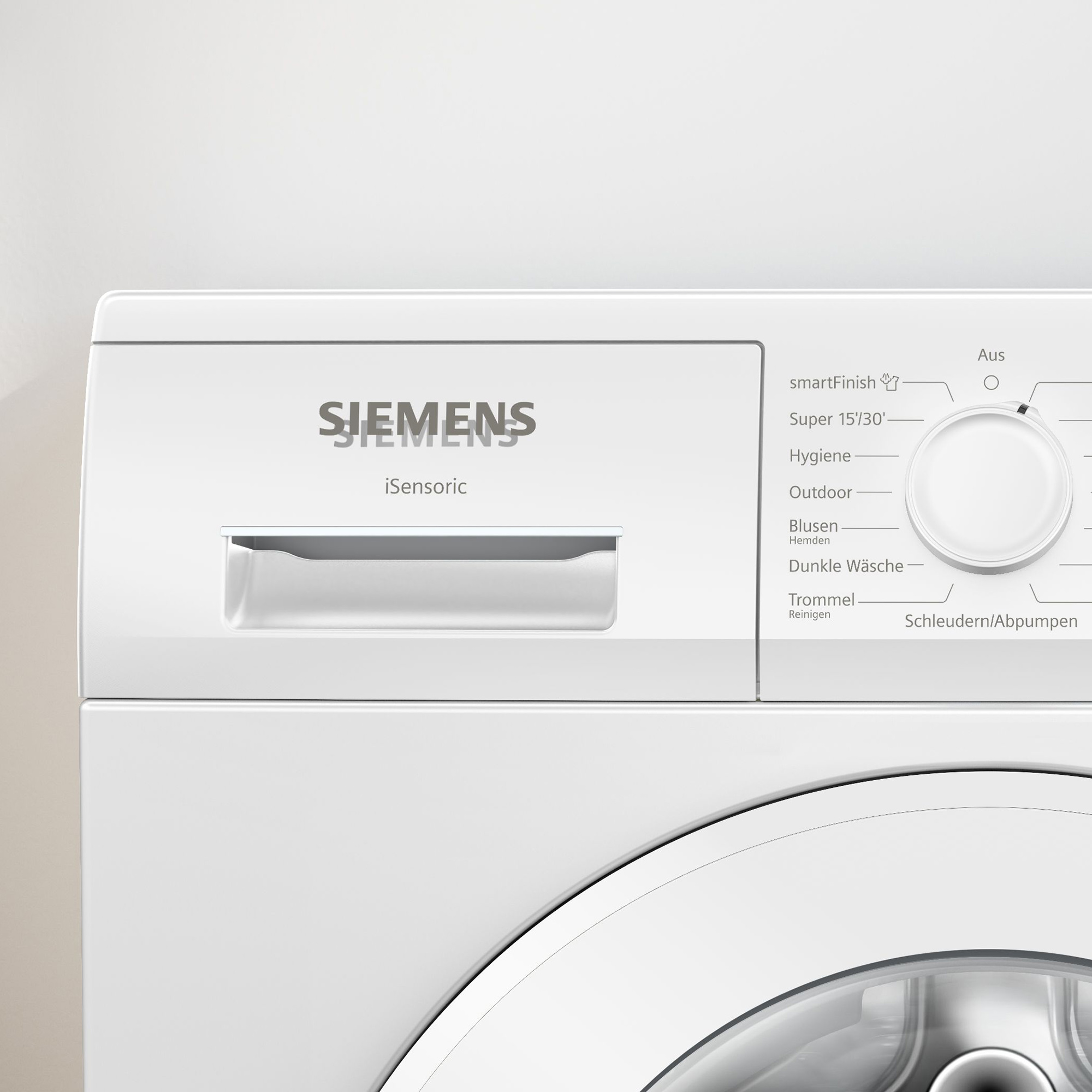 Weiße Siemens Waschmaschine mit Bedienfeld und Wahlknopf.