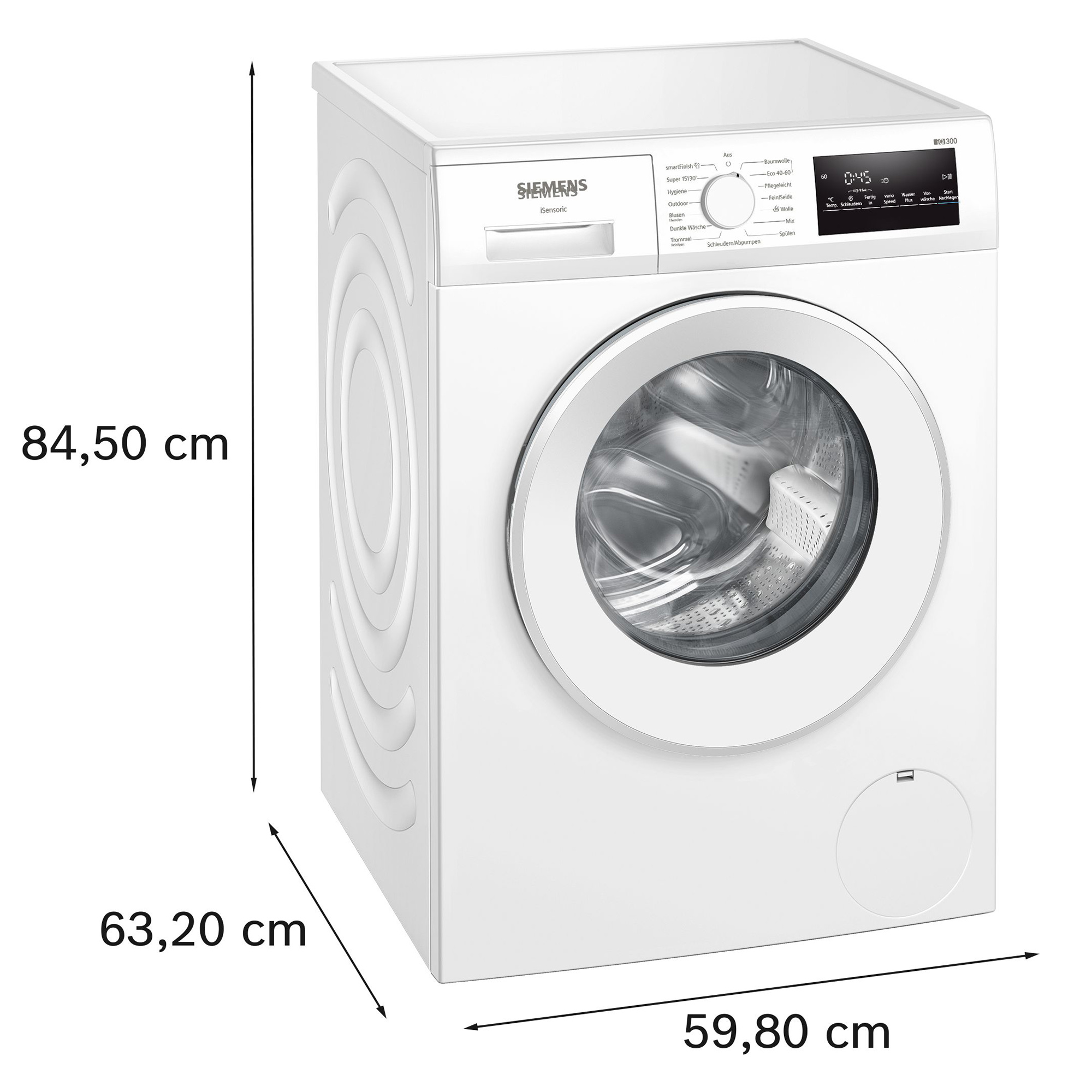 Weiße Siemens Waschmaschine mit Frontlader, Maße H 84,5cm, B 59,8cm, T 63,2cm.