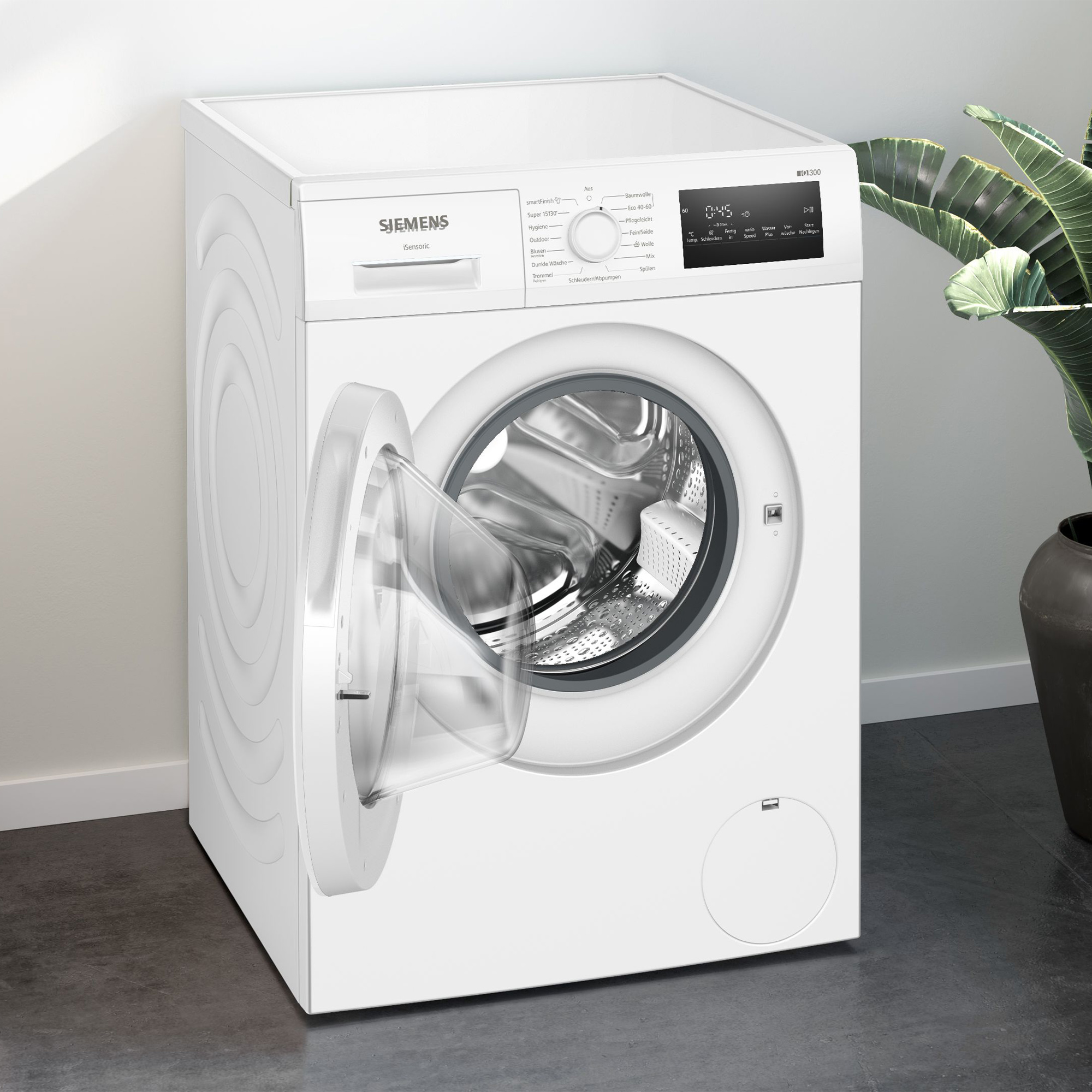 Eine weiße Siemens Waschmaschine mit geöffneter Tür und einem Display.