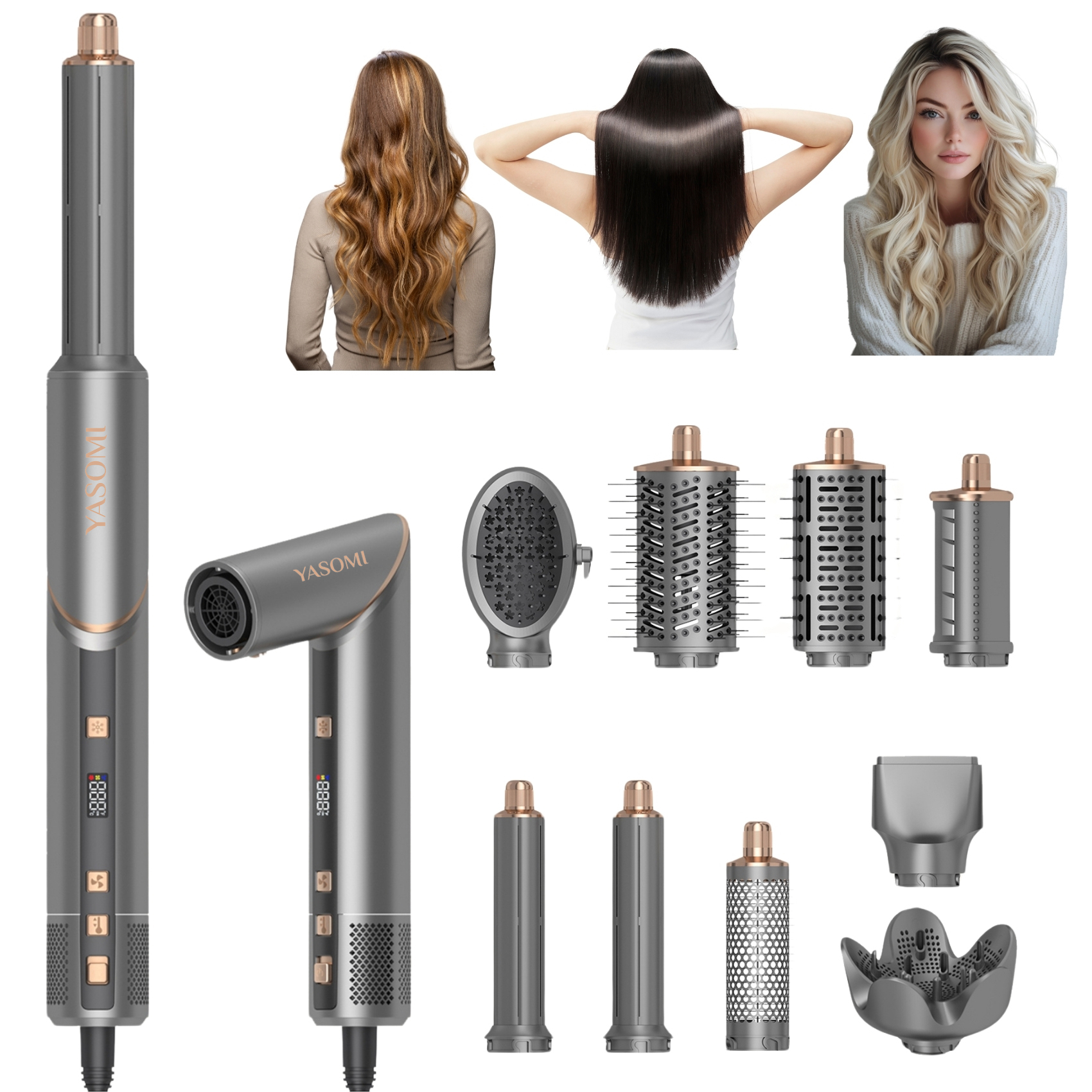 YASOMI Witero 9'u 1 Arada Ultra Multi-Styler Dijital Ekran Sıcak-Soğuk Hava Saç Şekillendirme Cihazı Gri