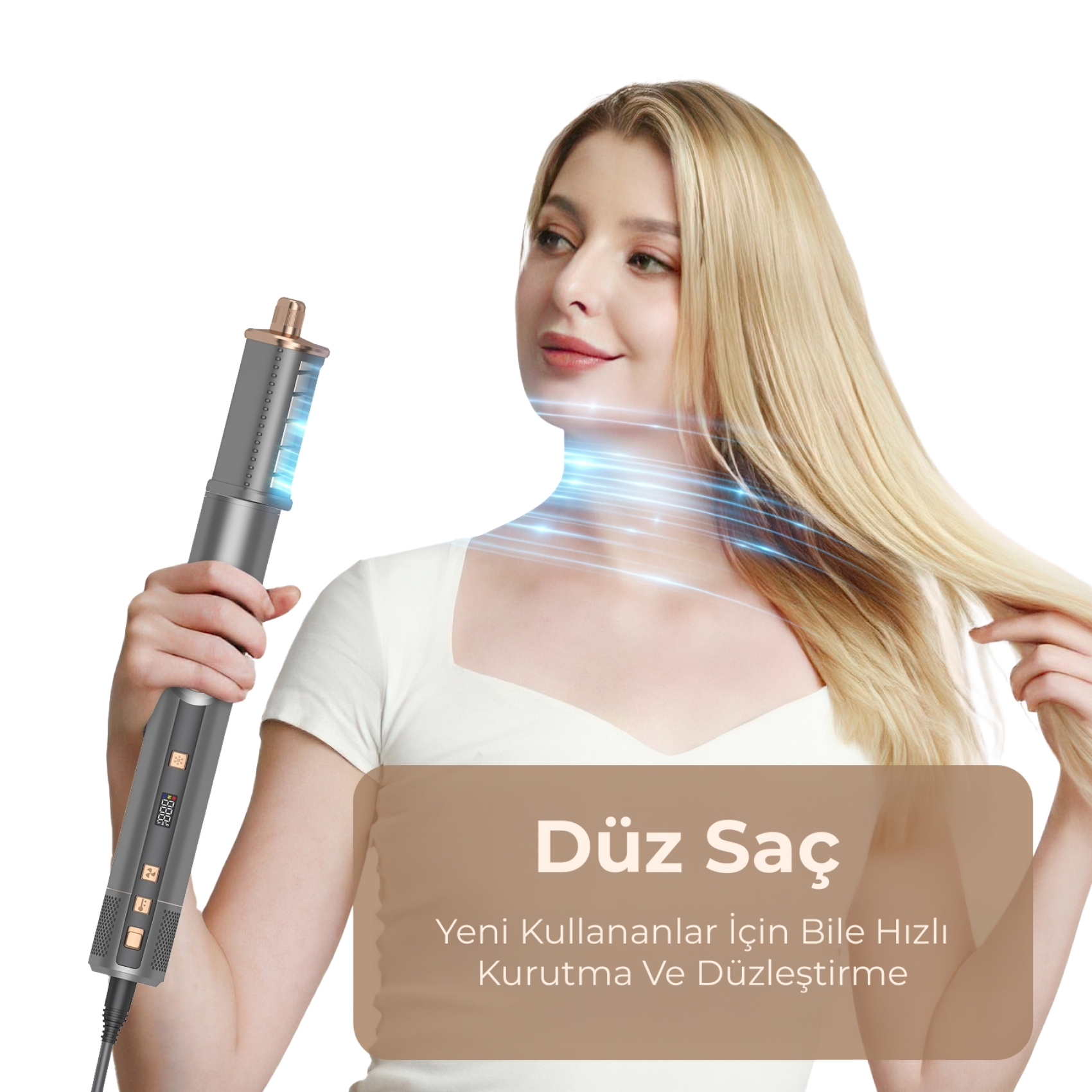 Kadın, mavi ışıklı gri saç düzleştirici tutuyor. Sarışın saçları uzun.