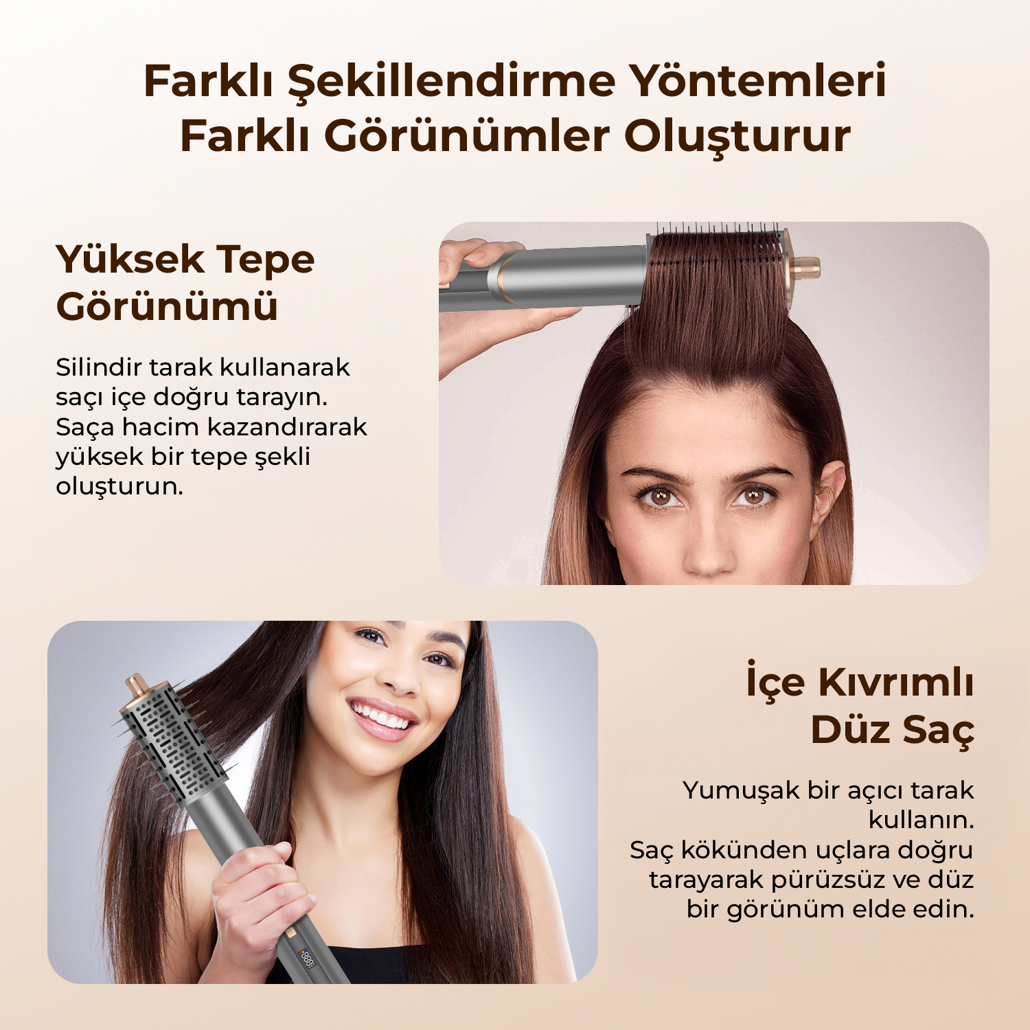 İki kadın, farklı görünümler için ısıtmalı fırça ile saçlarını şekillendiriyor.