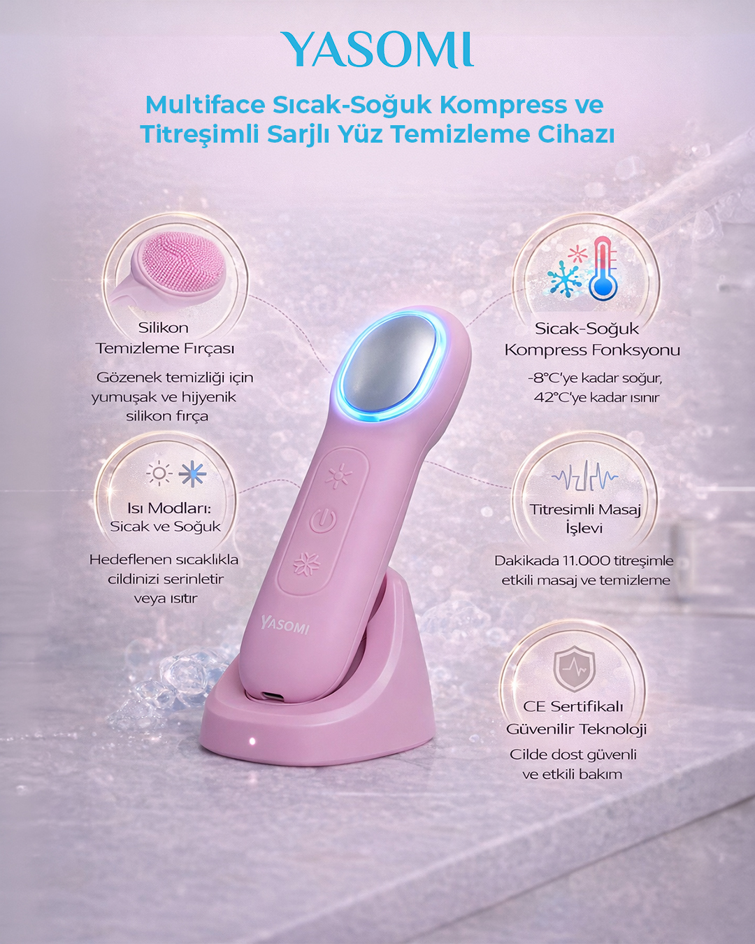 Silikon fırçalı, şarj istasyonlu, sıcak/soğuk fonksiyonlu pembe yüz temizleme cihazı.
