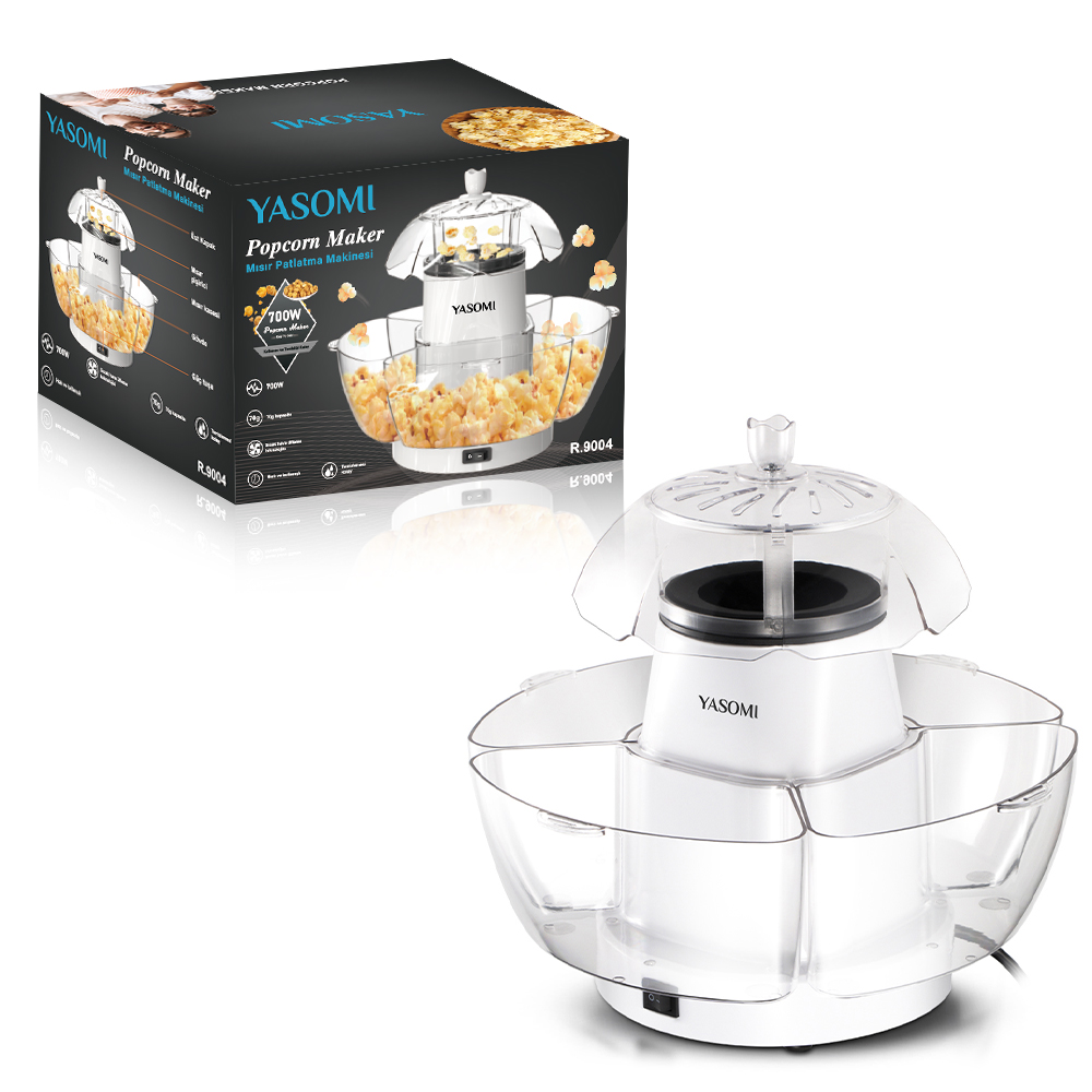 Patlamış mısır yapan, şeffaf kaplı beyaz bir YASOMI popcorn makinesi.