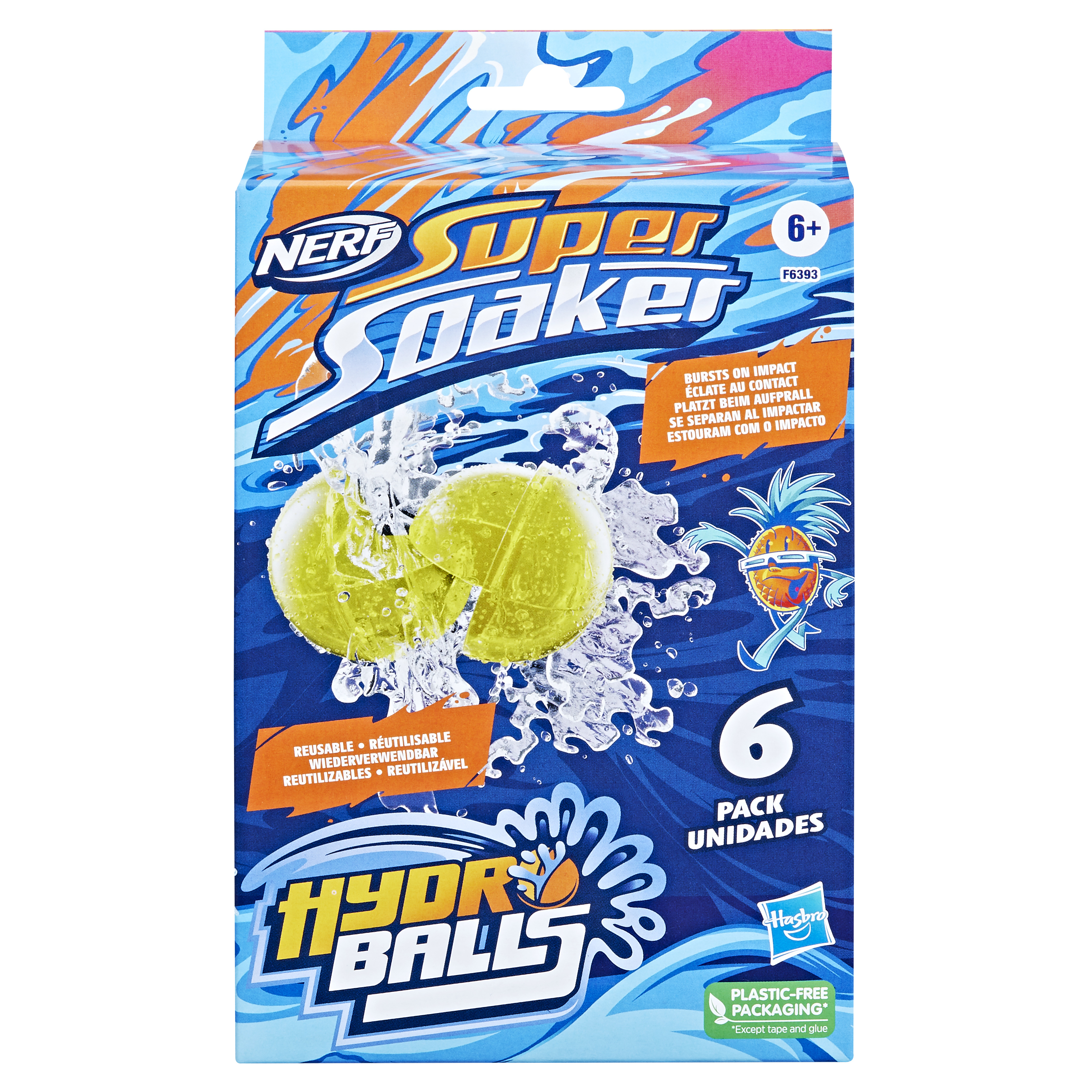 Nerf Super Soaker Hydro Balls 6er Packung mit gelben Bällen und Wasserspritzern.