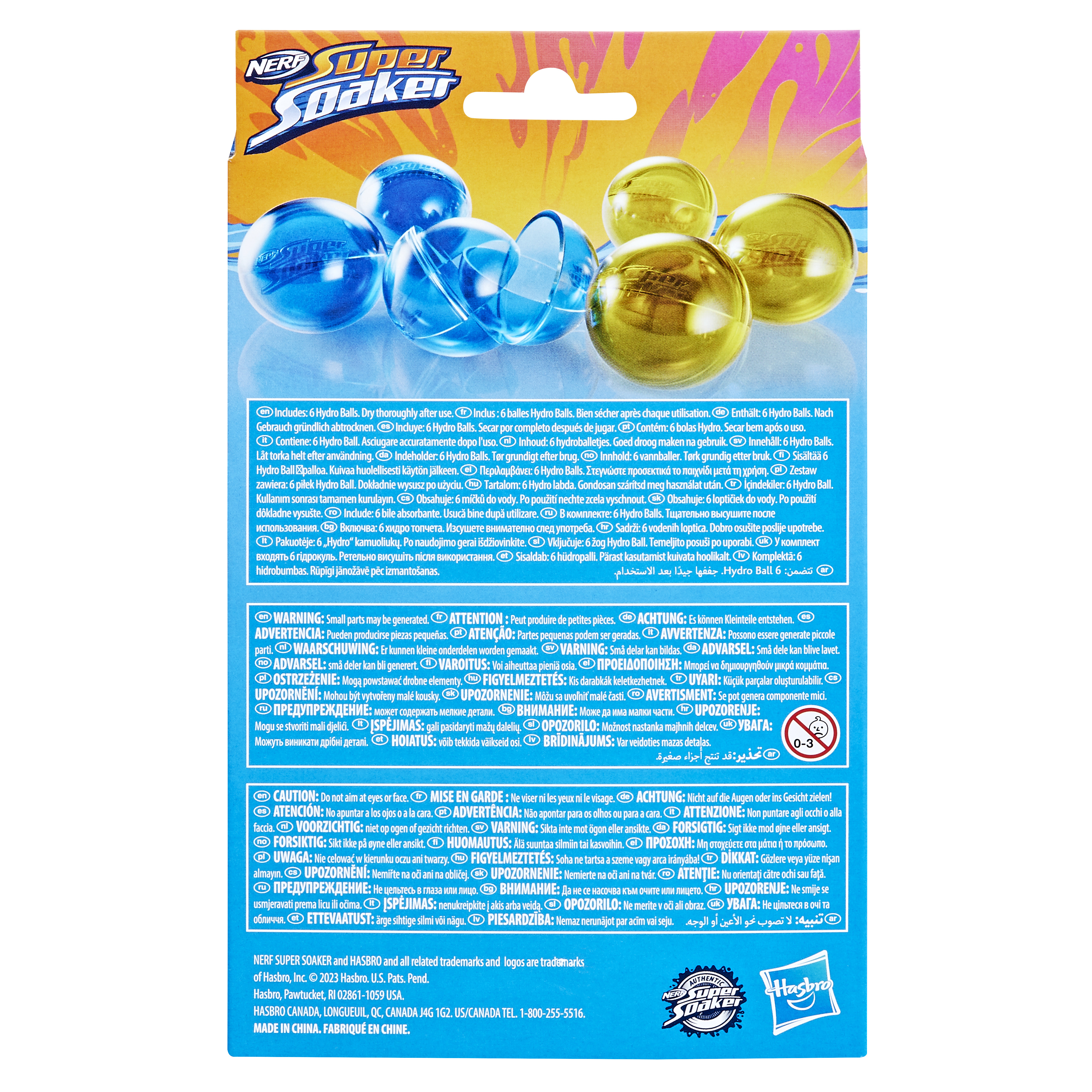 Verpackung für Nerf Super Soaker mit blauen und gelben Hydro Balls.